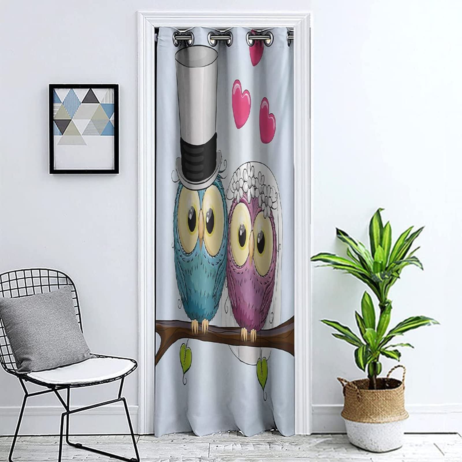 Funny Cartoon Owl Print Door Curtain - 51x78 Inches Privacy Window Curtain for Bedroom, Wedding, Closet - Grommet Top Panel for Doorway Decor & Home Decor - Cute Husband Wife Bride & Groom Design