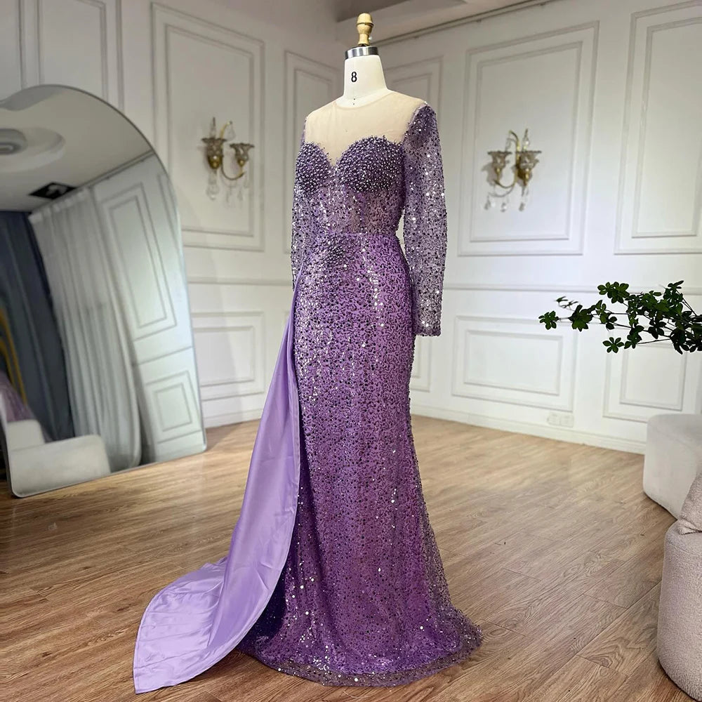 Elegant Purple Mermaid Evening Dress with Overskirt & Pearl Beading - Luxury Women's Formal Gown for Weddings, Prom, Black Tie Events & Special Occasions