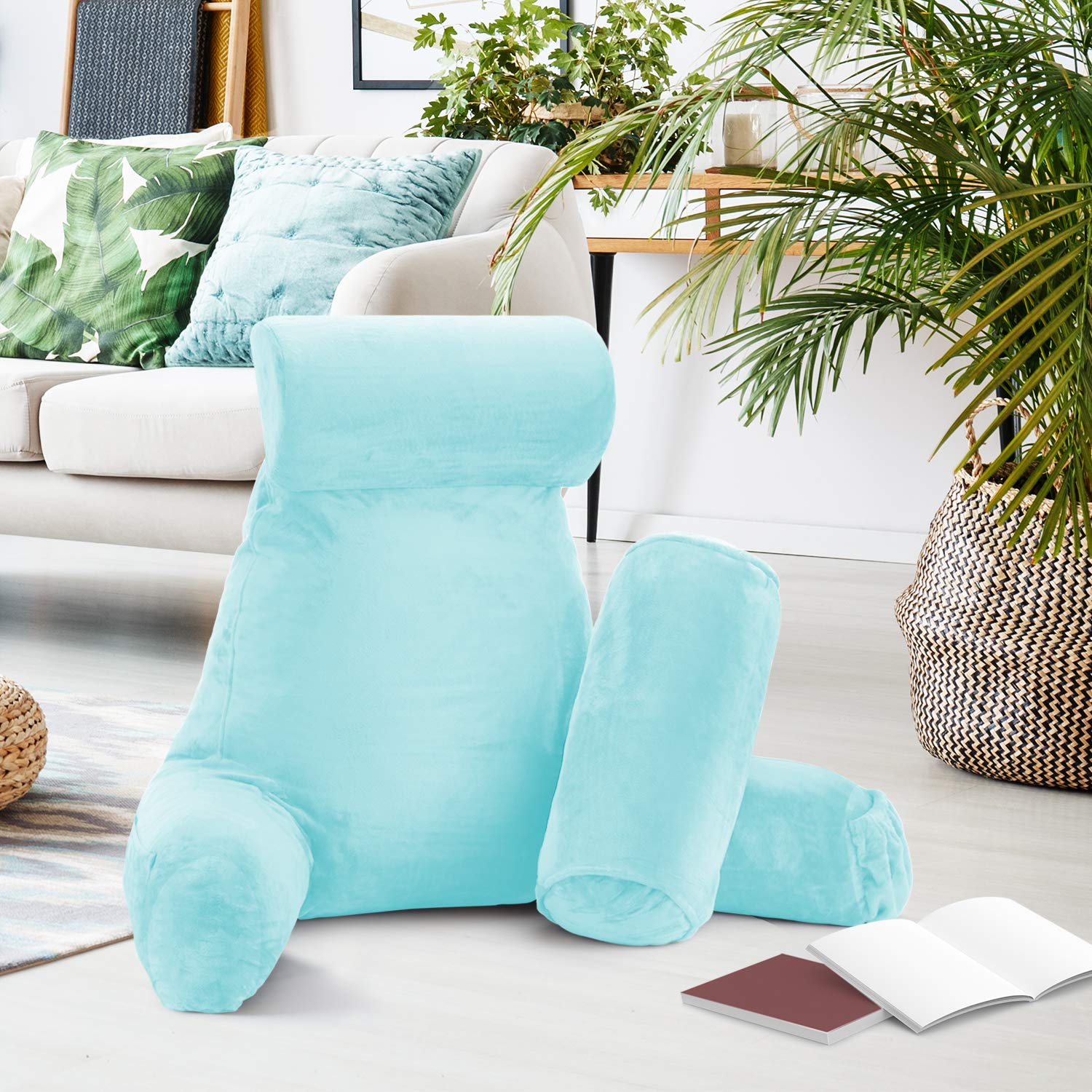 Nestl Reading Pillow Large Bed Pillow - Shredded Memory Foam Back Support Pillow for Sitting in Bed, Reading, or Relaxing - Light Blue Bed Chair Pillow with Pockets - Perfect for Reading, Watching TV, or Lounging in Bed