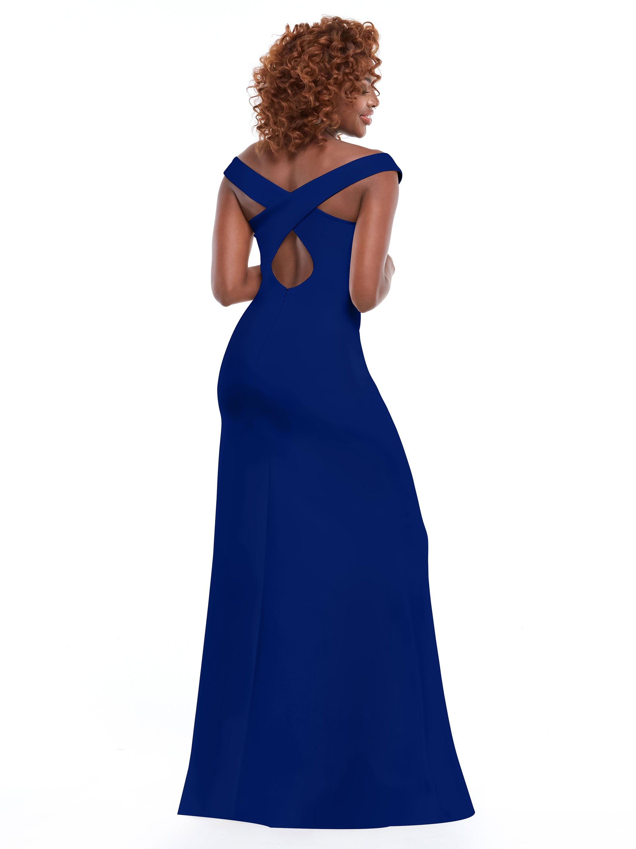 Elegant Off-the-Shoulder Double Knit Bridesmaid Dress with Thigh Slit - Perfect for Weddings, Prom & Formal Events