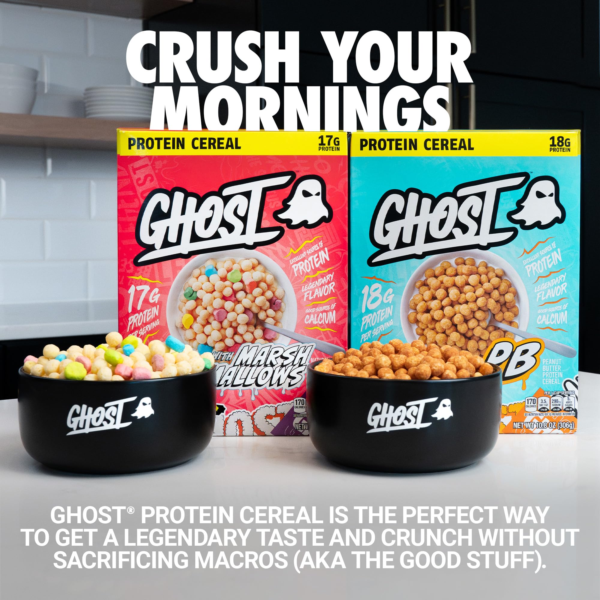 GHOST Protein Cereal Variety Pack - Marshmallow Flavor with Lucky Charms Marshmallows & Peanut Butter (4-Pack) | High Protein Breakfast Cereal (17g Protein) | Good Source of Calcium | Perfect for Post-Workout Snacks & Healthy Morning Meals