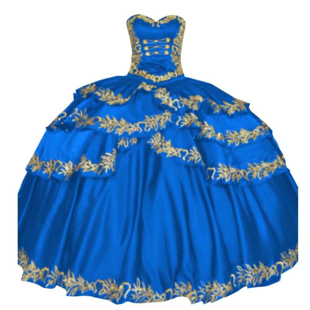Sweetheart Satin Ball Gown Quinceañera Dress | Mexican Gold Embroidered Sweet 16 Prom Dress | Layered Corset Design | 2025 Formal Wear | Perfect for Quinceañeras, Proms, and Special Occasions