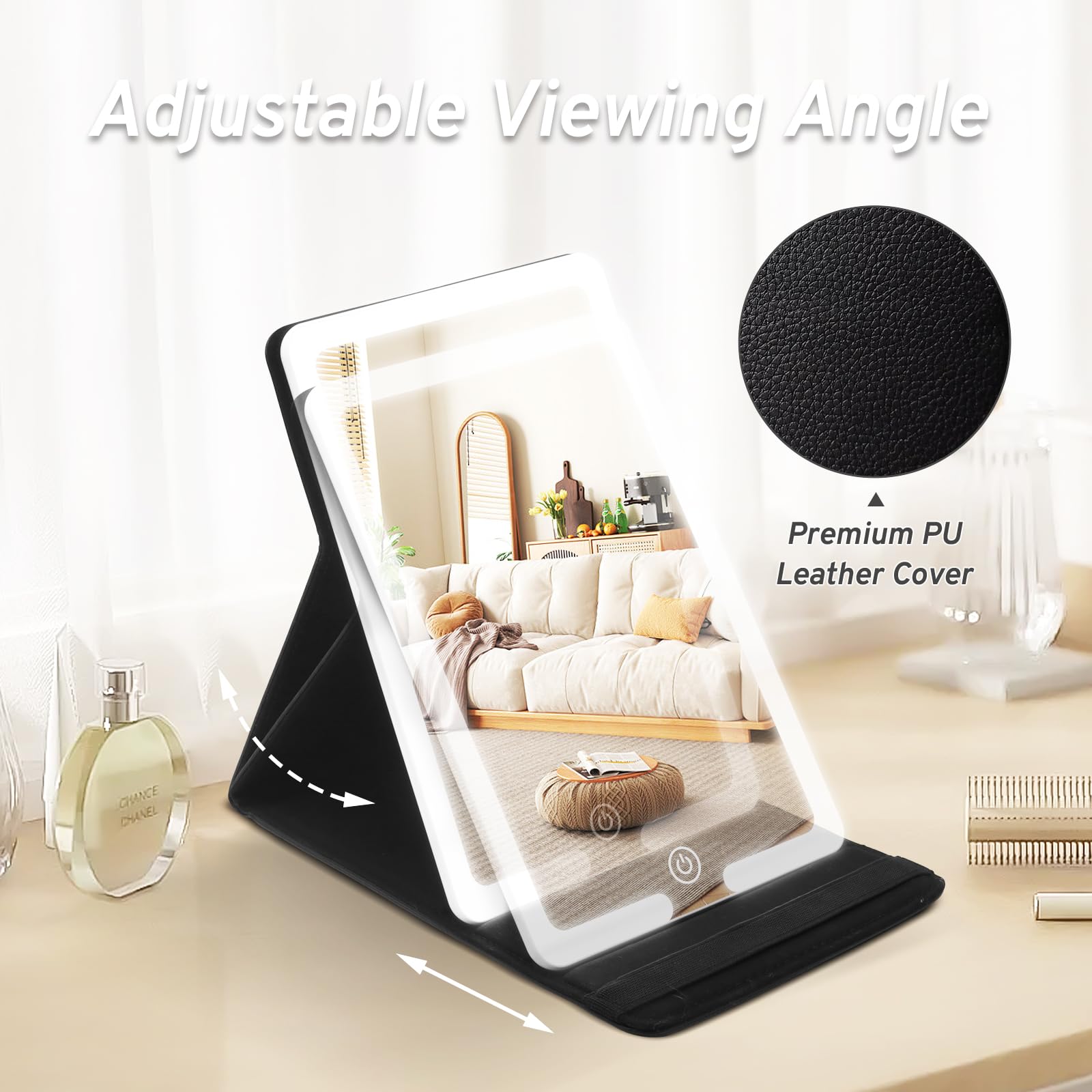 Rechargeable LED Travel Makeup Mirror with 3 Light Settings - 8x5.5 Inch Ultra-Slim Portable Vanity Mirror with PU Leather Cover & 1500mAh Battery - Perfect for Home, Travel, and Professional Makeup Application