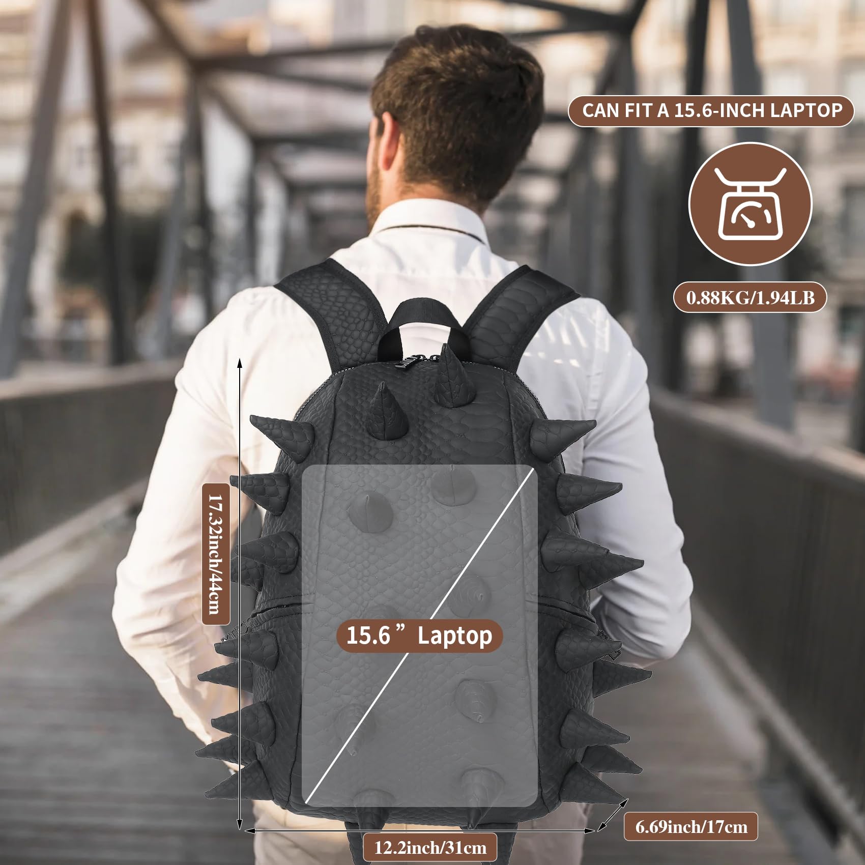 Durable Waterproof 15.6 Inch Dinosaur Backpack for Men & Women - Ankylosaur Punk Laptop Daypack with Spikes, Fashion Commuter Travel & Shopping Backpack (Black) - Perfect for Work, School, College & Outdoor Adventures