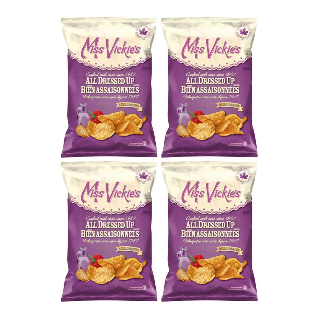 Miss Vickie's All Dressed Kettle Cooked Potato Chips - Gluten Free, Cholesterol Free, 7oz (Pack of 4) | Authentic Canadian Snack | Perfect for Parties, Movie Nights & Vending Machines | Shipped from Canada