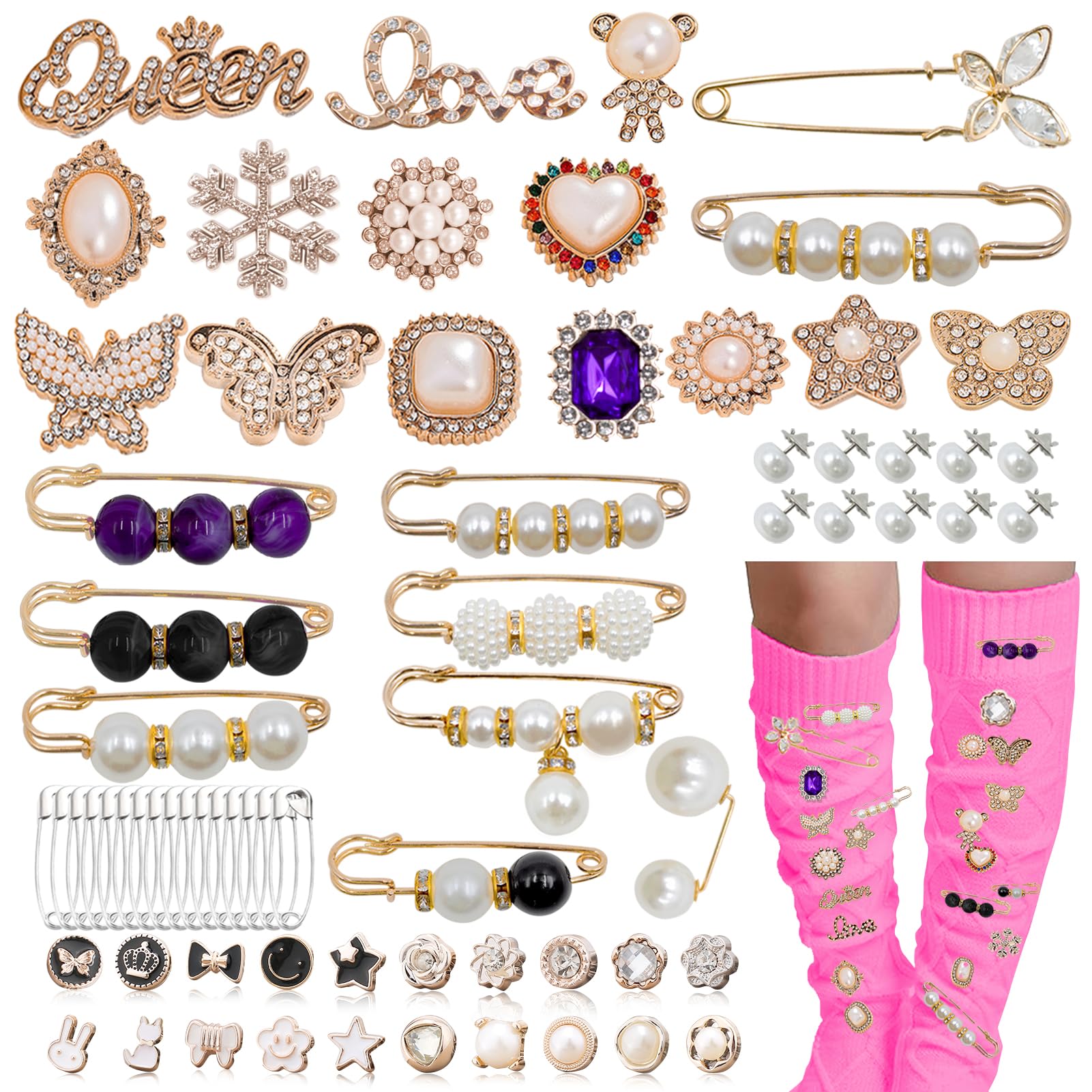 70 Pcs DIY Sock Charms Kit - Gold Brooch, Pearl Rhinestone, Safety Pins for Women - Bling Jewelry for Socks, Shoes, Hats, Skirts & Waistbands | Perfect for DIY Fashion Accessories & Gift Making