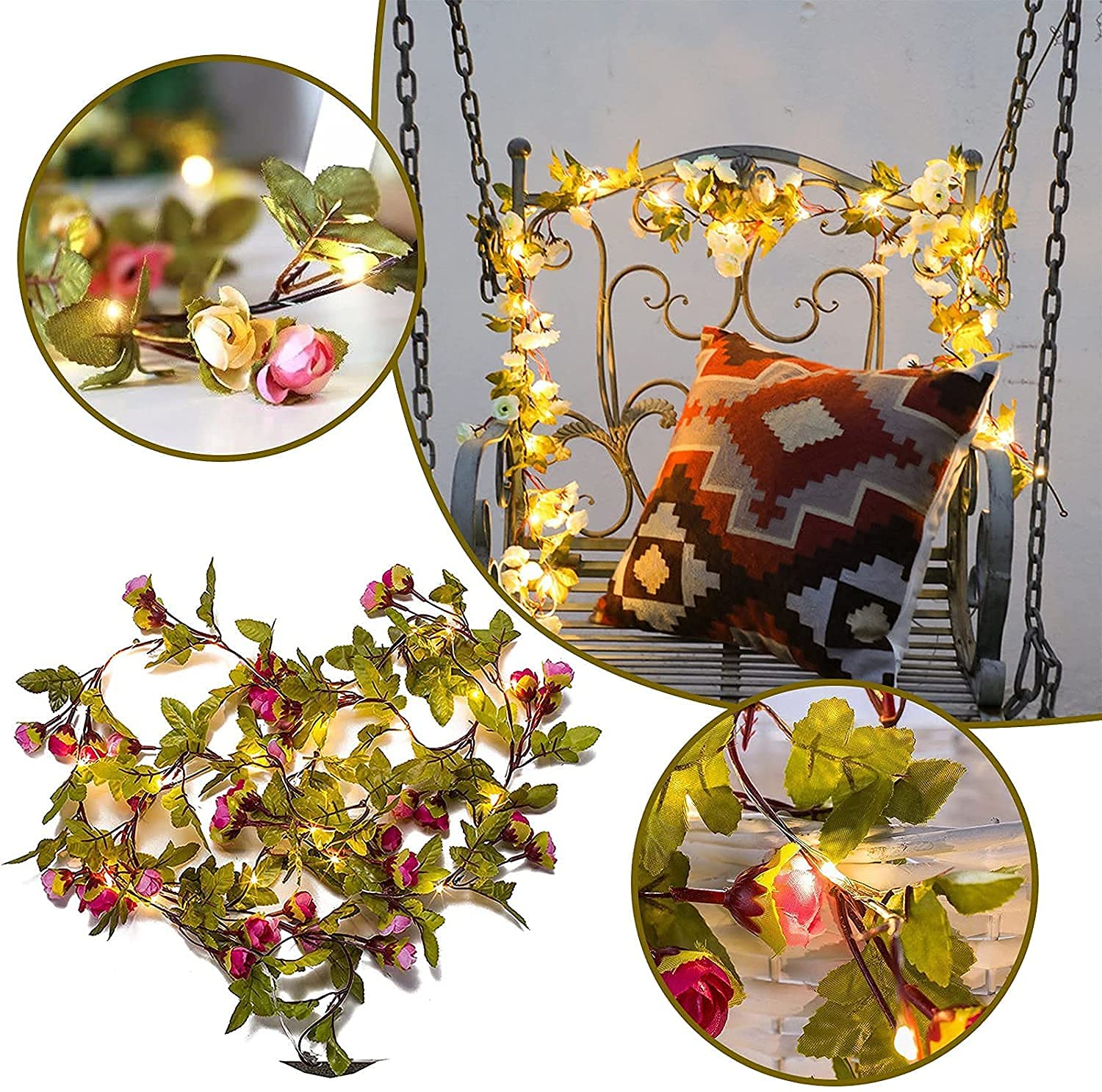 20 LED Artificial Rose Flower Vine String Lights - 2 Meter (6 ft) Battery Operated Rose Ivy Garland Fairy Lights for Wedding, Birthday, Garden Party Decor | Romantic Home, Bedroom, Patio Lighting Decorations