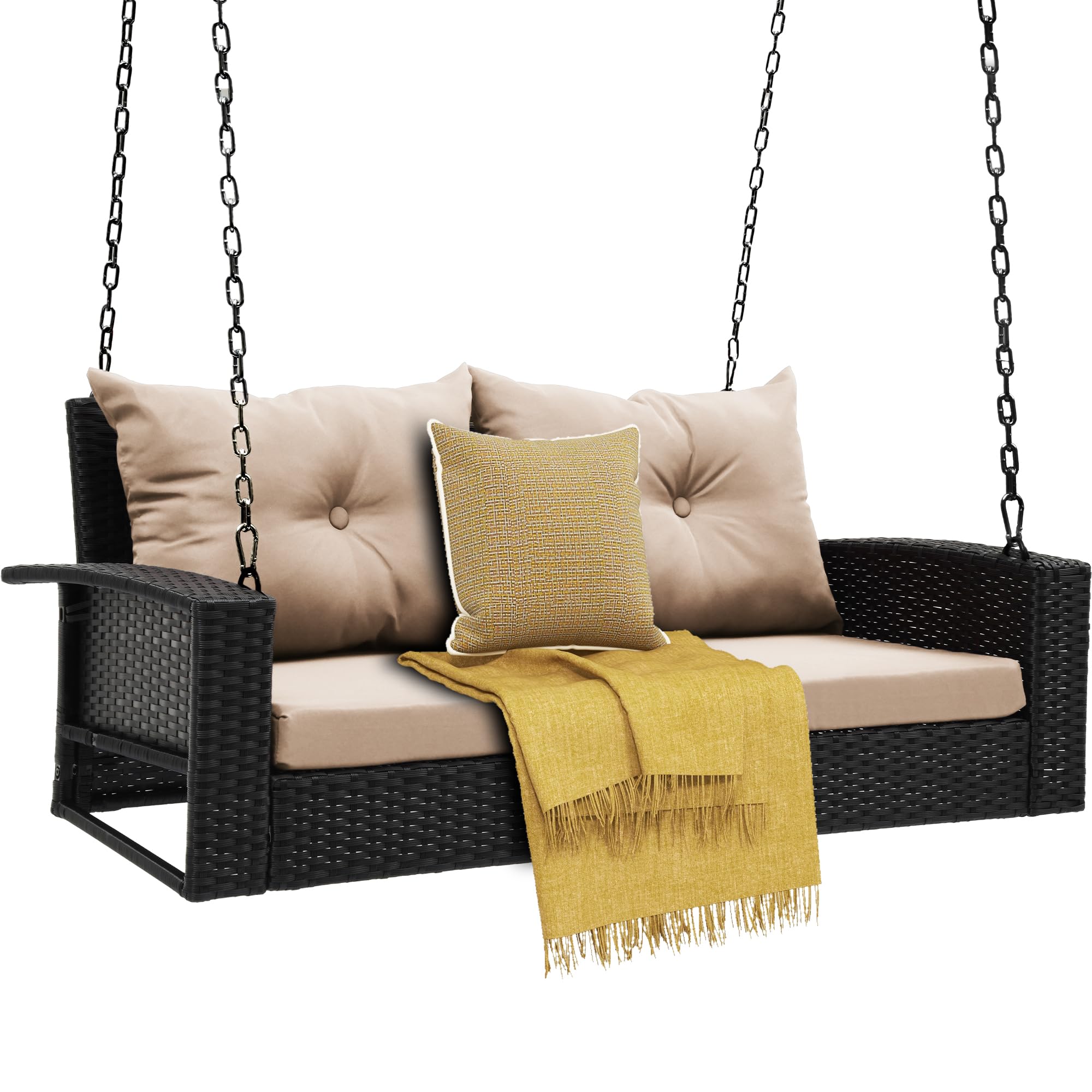 DWVO Brown Rattan Hanging Porch Swing Chair - 530lb Capacity Outdoor Patio Swing with 2 Cushions for Garden, Balcony, Backyard - Perfect for Relaxing, Lounging & Reading in Your Outdoor Space