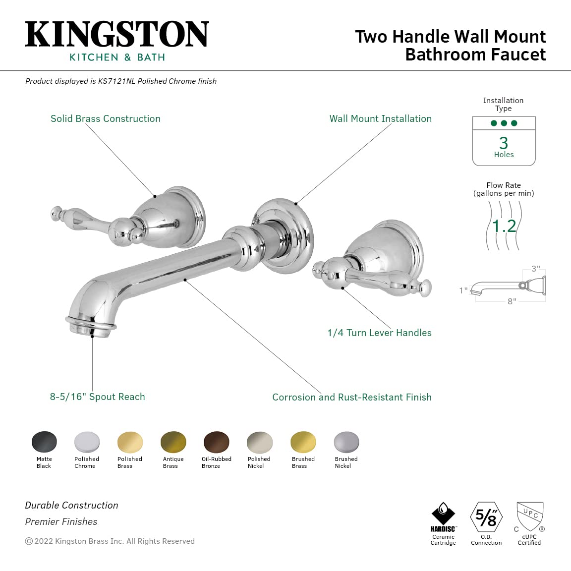 Kingston Brass KS7125NL Naples 2-Handle Wall Mount Bathroom Sink Faucet - 10-7/16