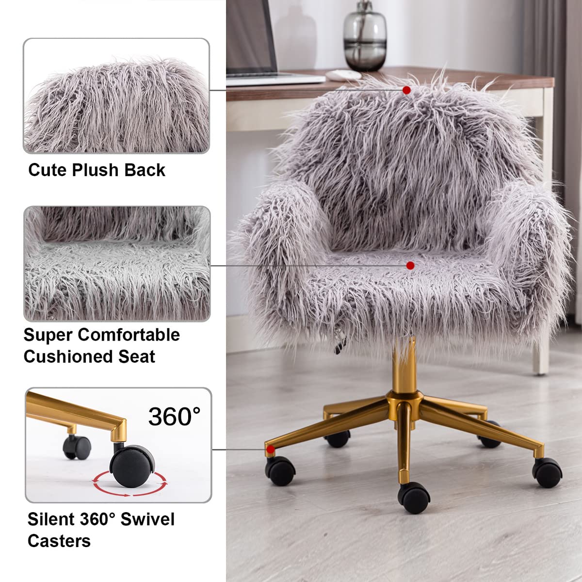 Fluffy Faux Fur Swivel Desk Chair - Adjustable Height Vanity Chair with Golden Base for Home Office, Gaming & Makeup Room - Soft Accent Chair for Small Spaces