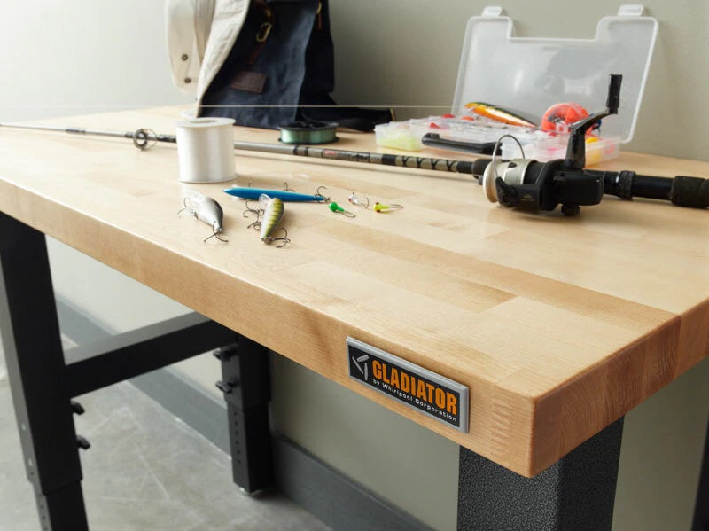 Gladiator 4-Foot Adjustable Height Hardwood Workbench - Heavy Duty Garage Work Table for DIY Projects & Woodworking