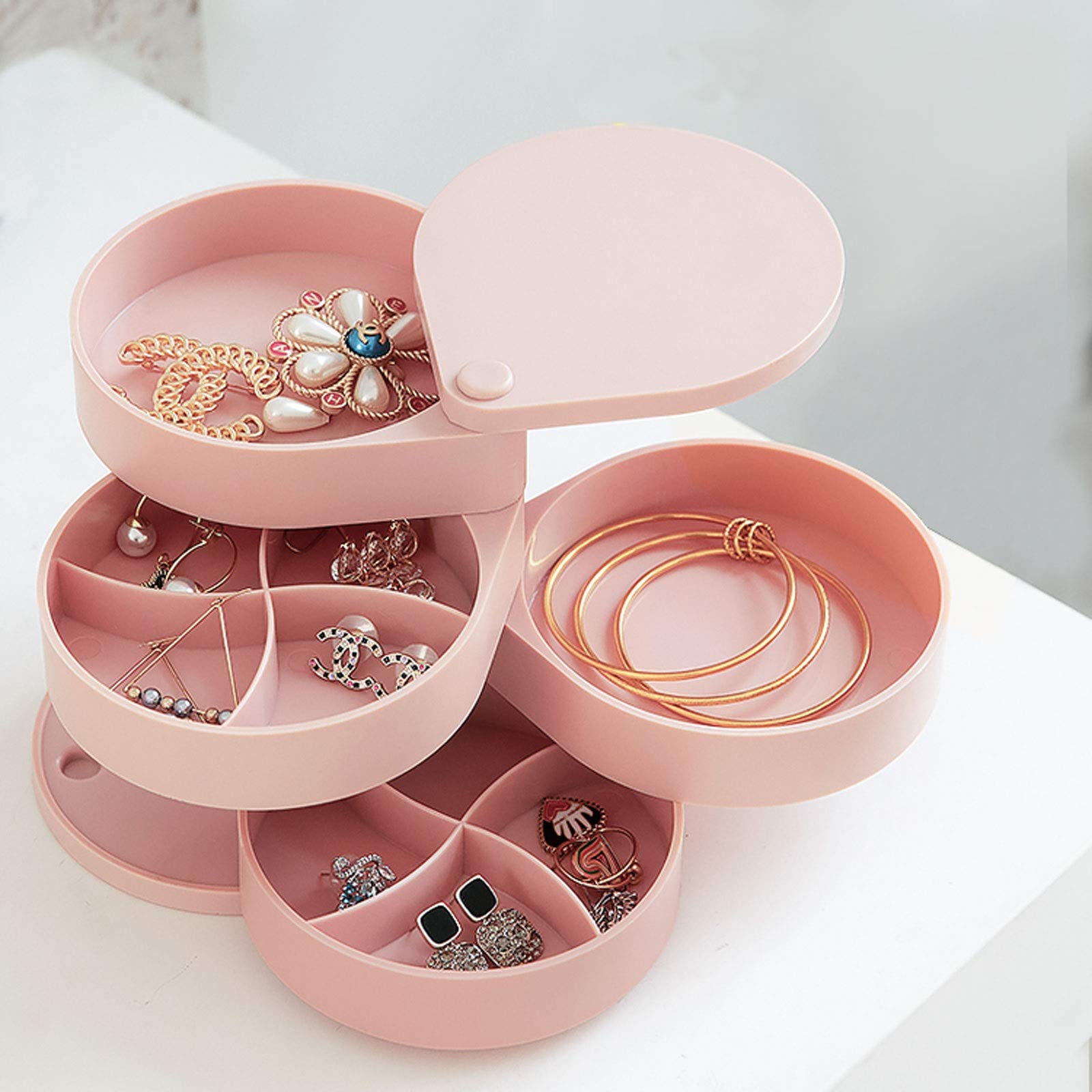 4-Layer Rotating Jewelry Organizer Box with Lid - Pink Travel Jewelry Storage Case for Earrings, Rings, Bracelets & Accessories | Perfect for Women's Jewelry Organization at Home & On The Go