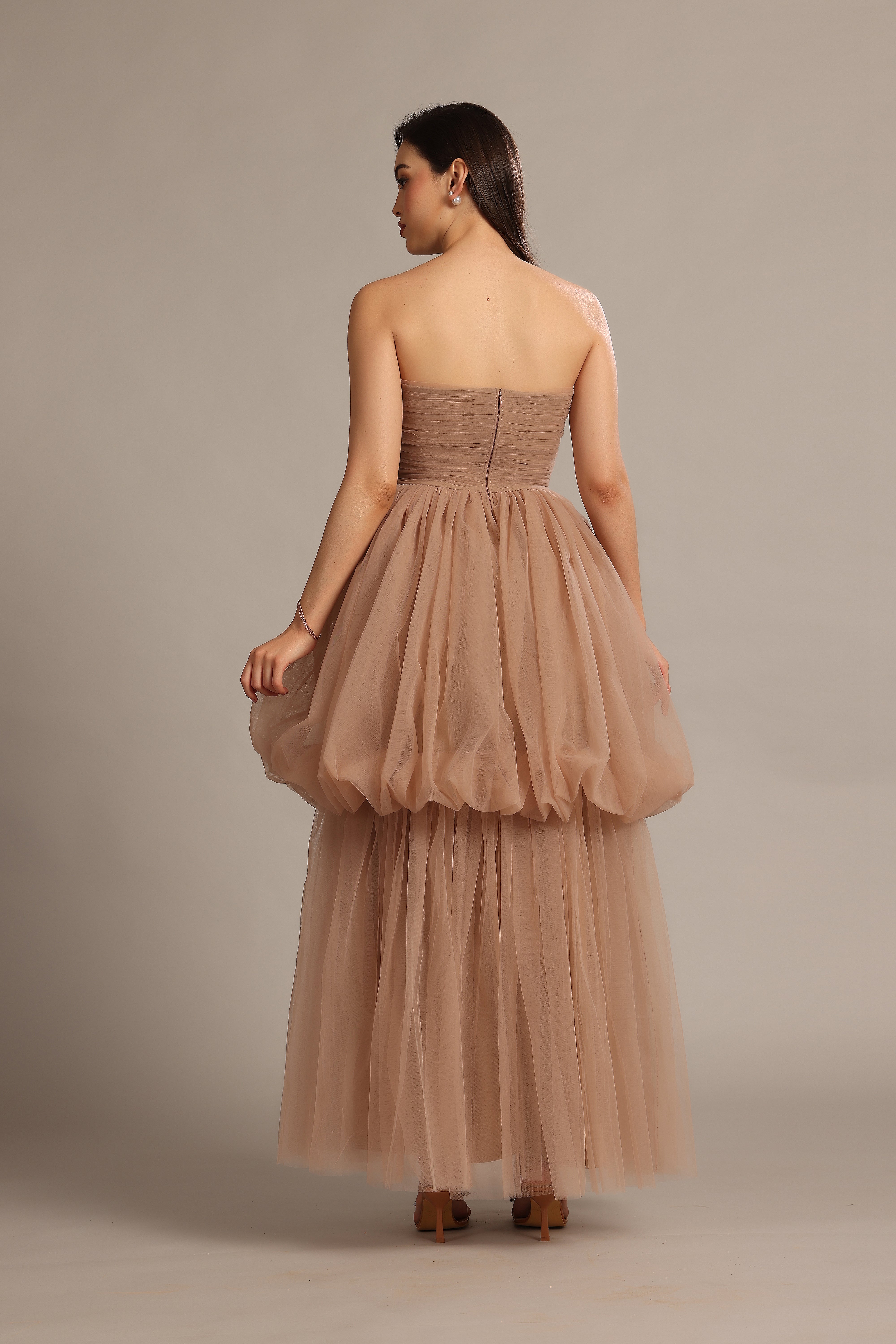 Elegant Nala Strapless Maxi Dress in Taupe - Flowy Beach Wedding Gown for Summer Vacations & Boho Parties