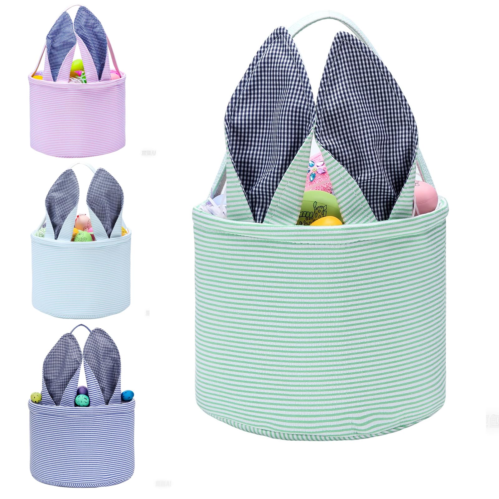 Personalized Easter Bunny Basket Seersucker Egg Bags for Kids - Fluffy Tail Candy Egg Basket Rabbit Gift Buckets for Boys & Girls - Perfect for Easter Egg Hunts, Spring Celebrations & Party Favors (Mint Green)