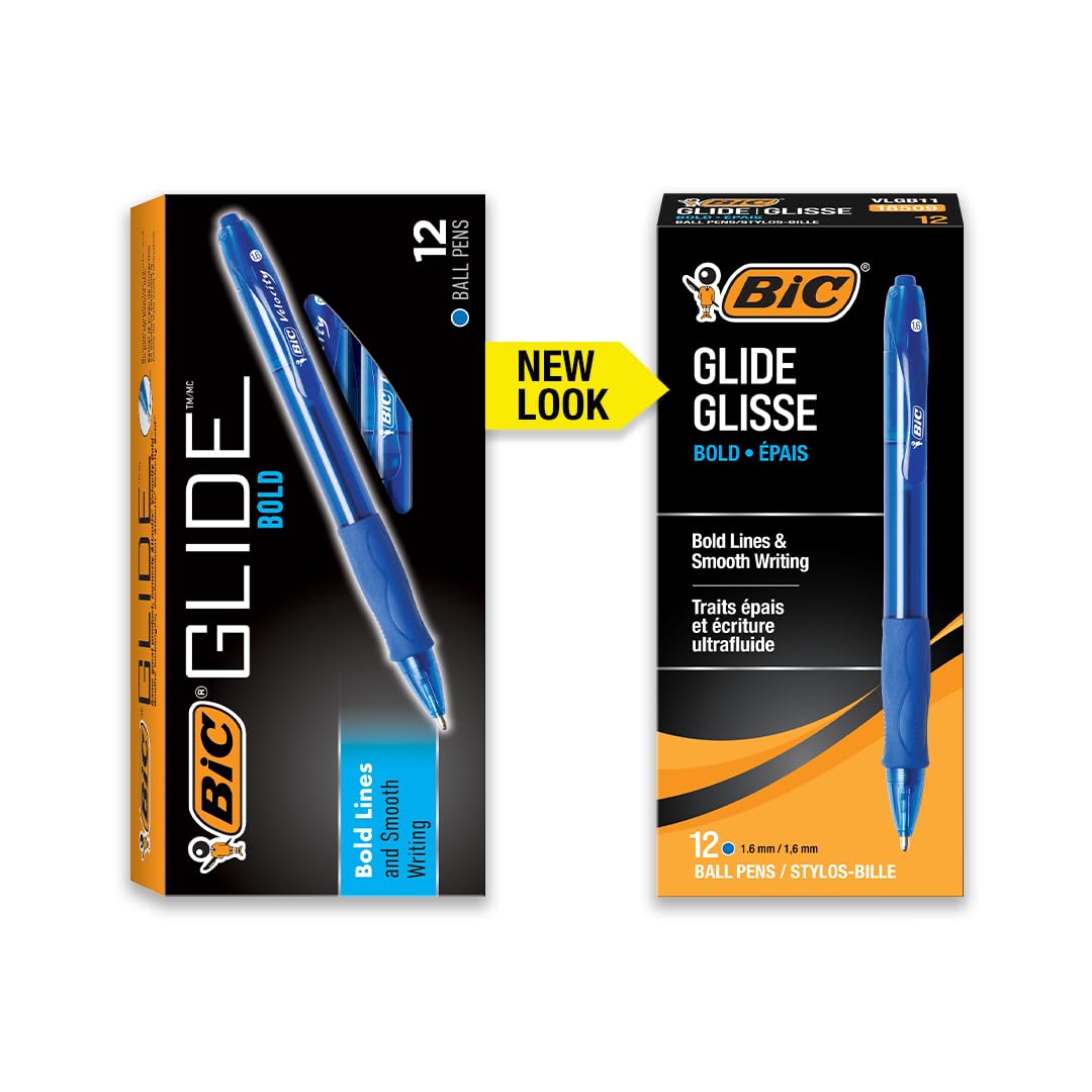 BIC Glide Bold Blue Ballpoint Pens - 1.6mm Bold Point Retractable Pens, 12-Pack with Comfort Grip for Smooth Writing | Ideal for Office, School & Home Use