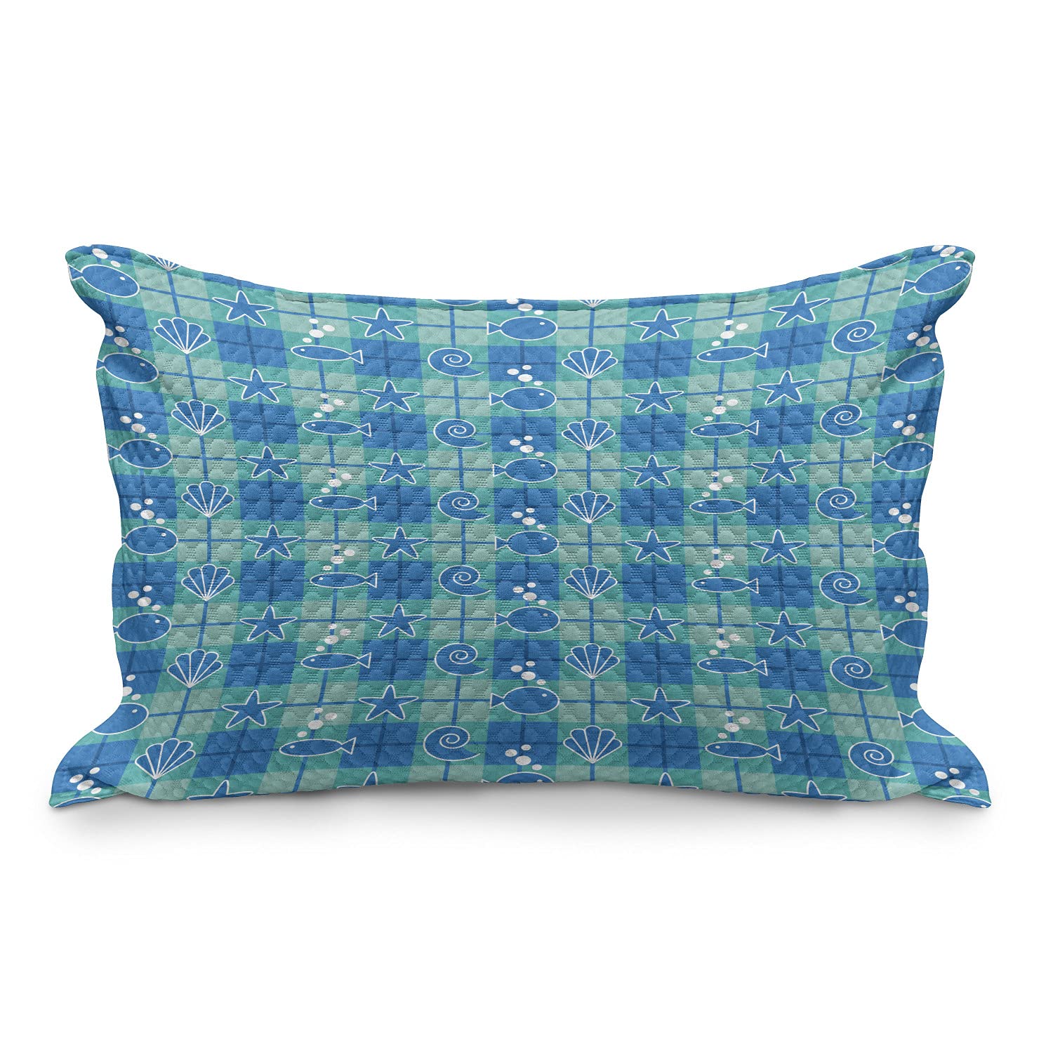 Ambesonne Sea Shells Quilted Pillow Cover - Plaid Pattern with Cartoon Marine Life Silhouettes (Fish, Starfish, Bubbles) - King Size Decorative Pillow Case 36x20 Inches - Mint Green Blue White - Perfect for Coastal Bedroom Decor, Beach House Accents & Nautical Theme Living Room