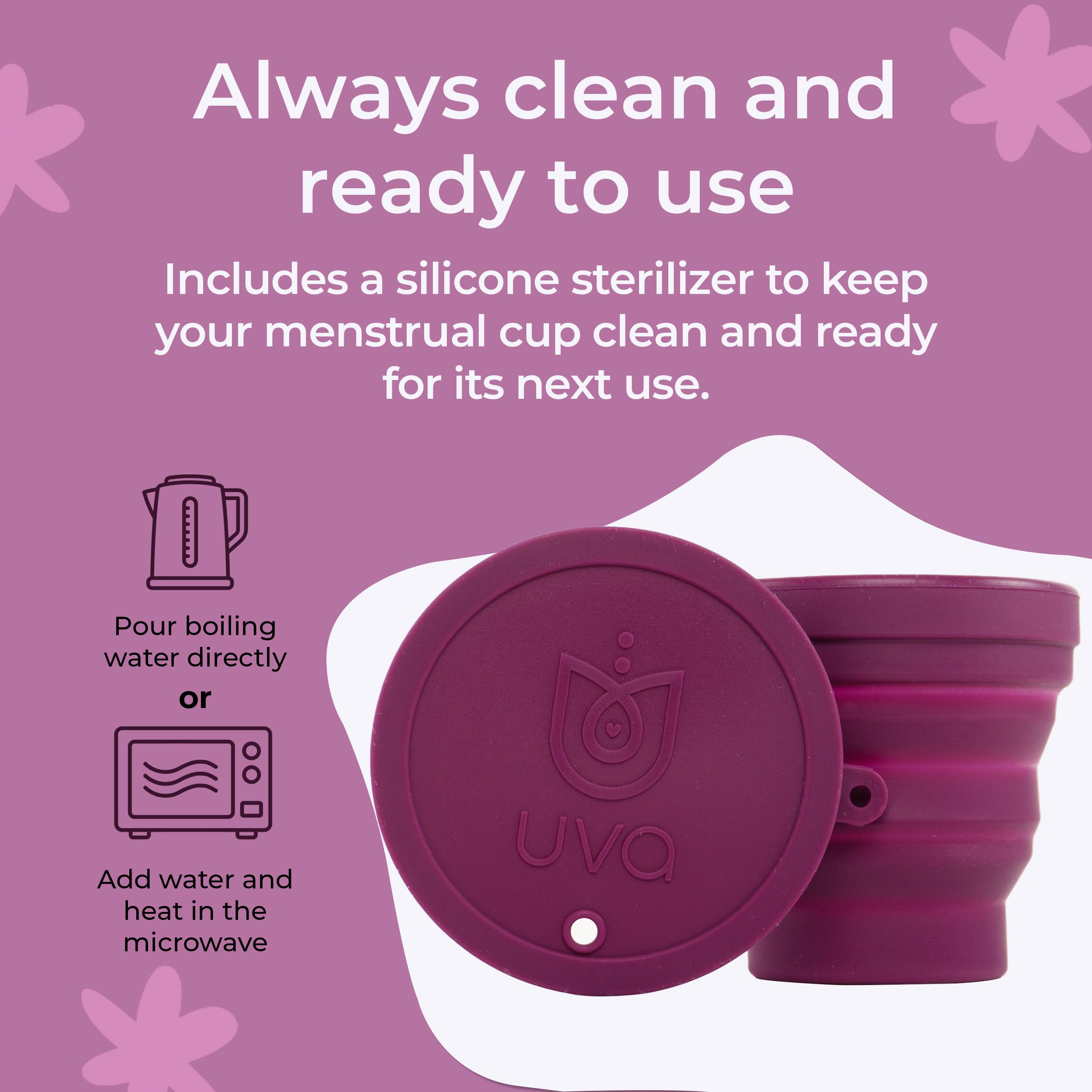 UVA 2 Reusable Menstrual Cup Kit - Size B for Heavy Flow - 10-Year Durable & Leak-Proof Medical Grade Silicone - Large Period Cup with Sterilizer & Travel Pouch - Perfect for Active Women, Travel, Gym & Overnight Protection