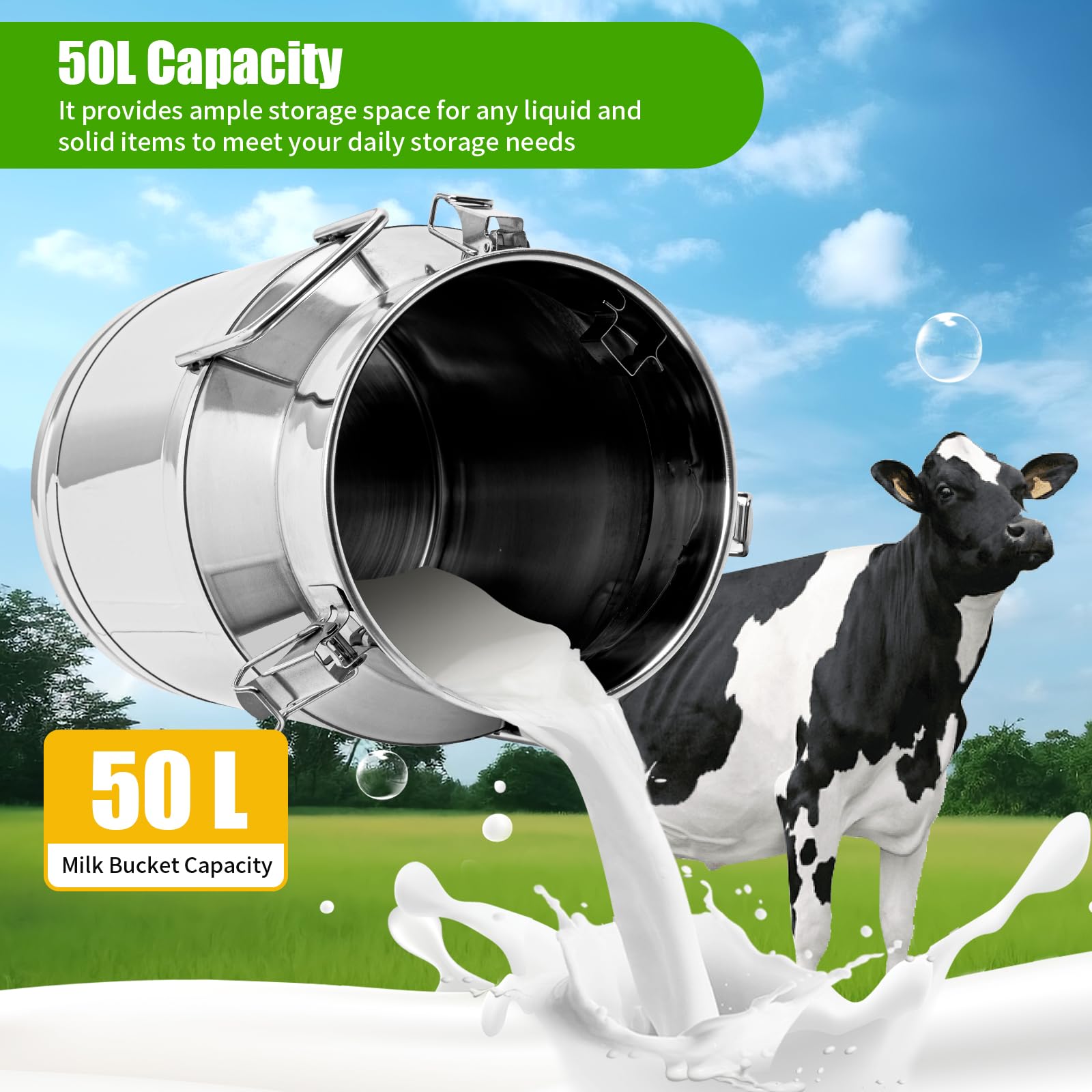 50L/13.3 Gallon Stainless Steel Milk Can with Airtight Lid - Food Grade Metal Milk Jug for Dairy, Juice, Grains & Bulk Storage | Perfect for Farm, Kitchen, Restaurant & Commercial Use