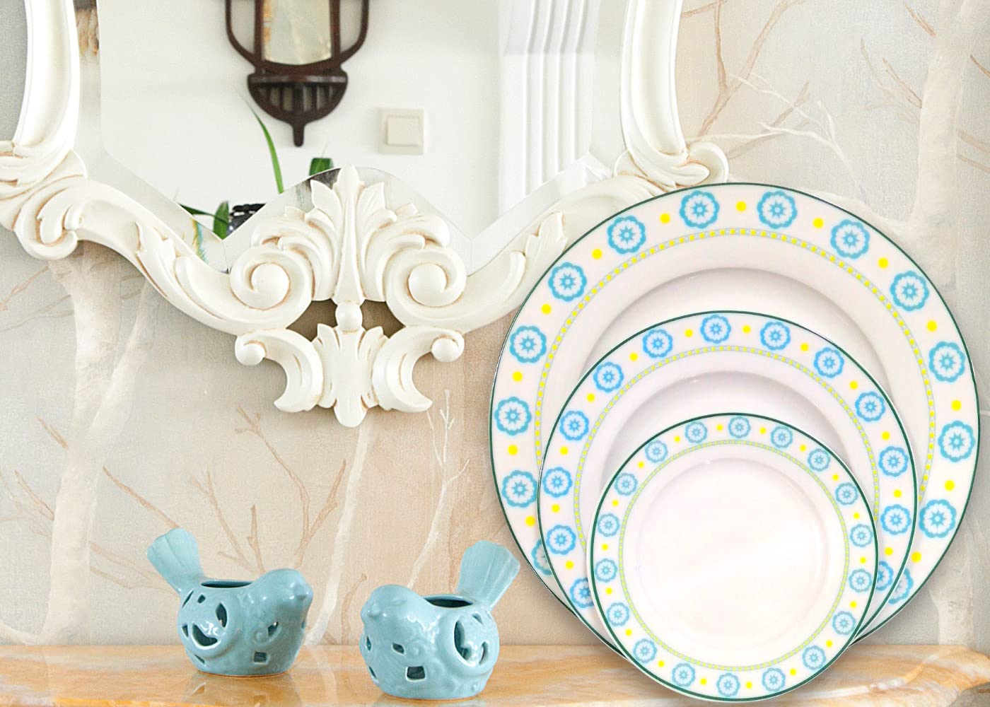 Braque 10.5 Inch Ceramic Dinner Plates Set of 6 - Microwave, Oven & Dishwasher Safe Porcelain Dishes - Scratch Resistant Modern Rustic Dinnerware in Blue Camellia Design - Perfect for Everyday Meals, Dinner Parties & Restaurant Use
