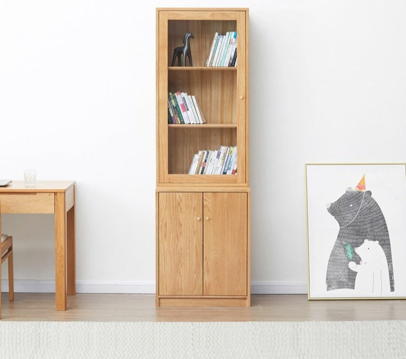Solid Oak Wood Narrow Bookcase with Doors - Stylish Storage for Books, Decor & Small Spaces | Perfect for Living Room, Office or Bedroom Organization