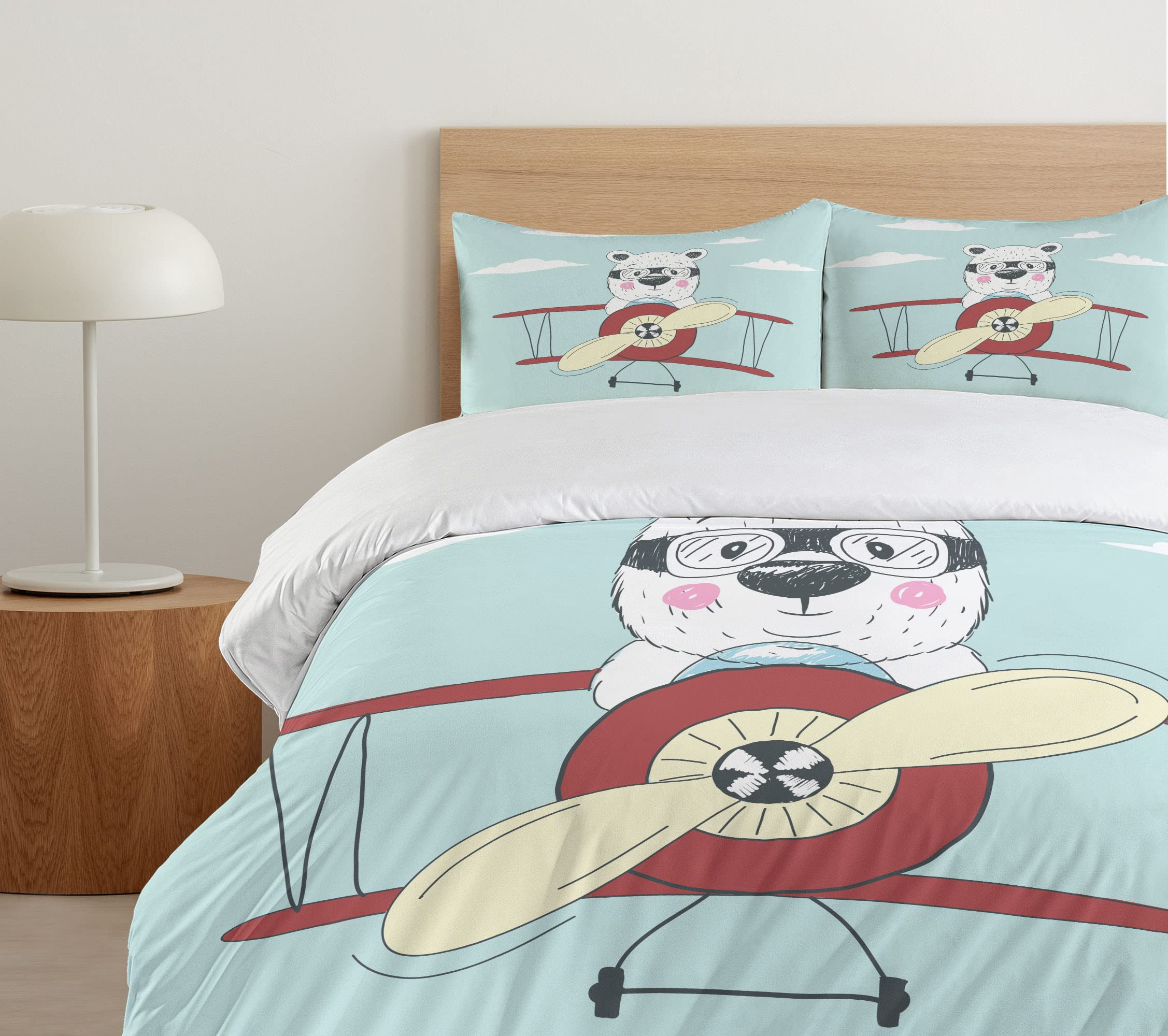 Ambesonne Cartoon Duvet Cover Set - Hand Drawn Pilot Bear Flying Airplane in Sky, Funny Kids Bedding 3-Piece Set with 2 Pillow Shams, California King Size, Pale Blue Cream Ruby - Perfect for Kids' Rooms, Nursery Decor & Whimsical Bedroom Themes
