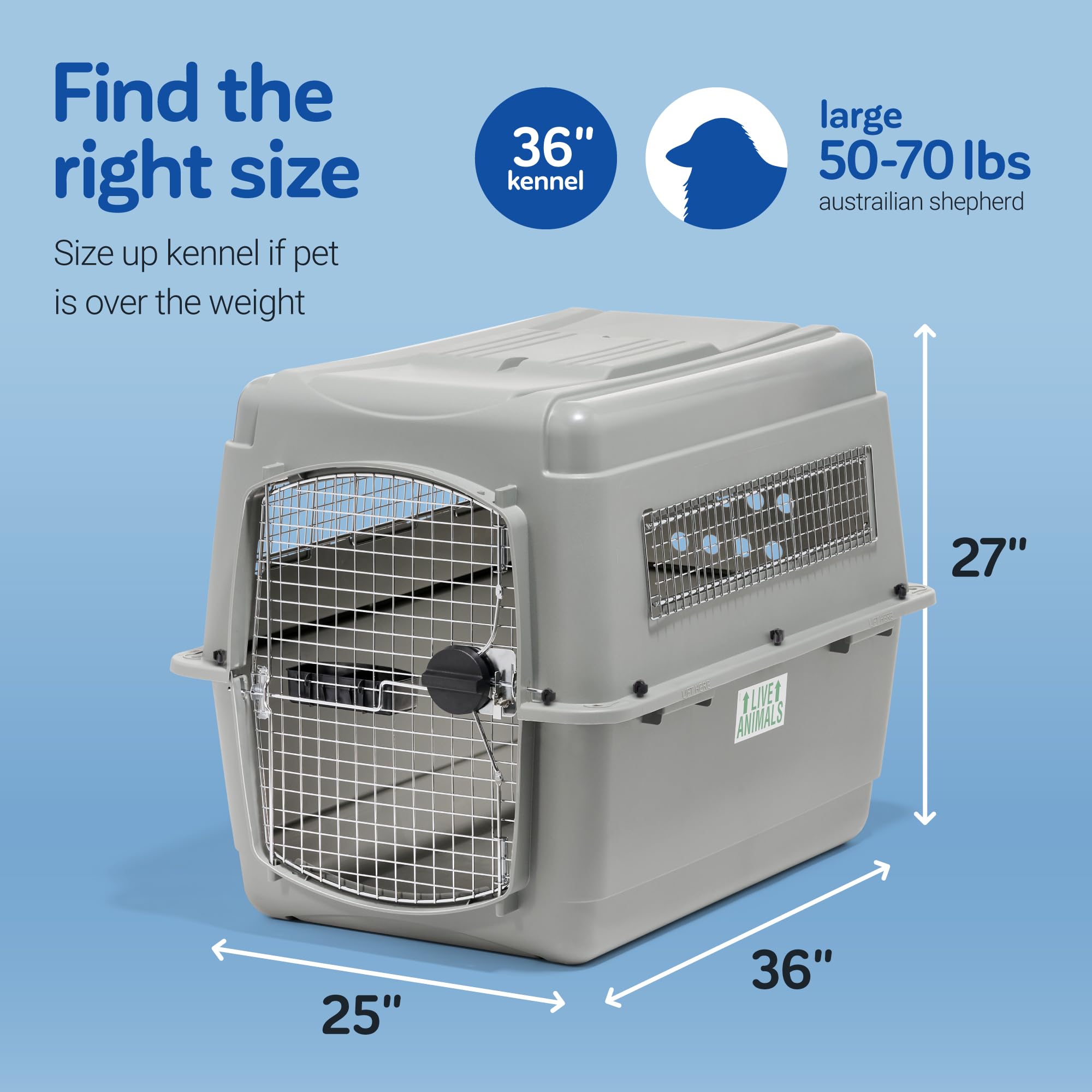 Petmate Sky Kennel - Airline Approved Heavy Duty Dog Crate for Medium to Large Dogs 50-70 lbs (36 Inches) - Perfect for Air Travel, Road Trips & Vet Visits - Made in USA