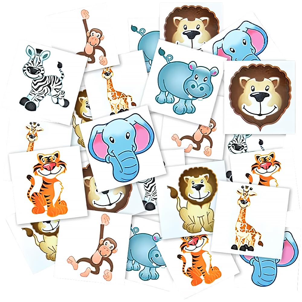 Fun Temporary Zoo Animal Tattoos for Kids - 24 Pack Safari Wildlife Designs - Perfect for Birthday Parties, School Events & Costume Accessories