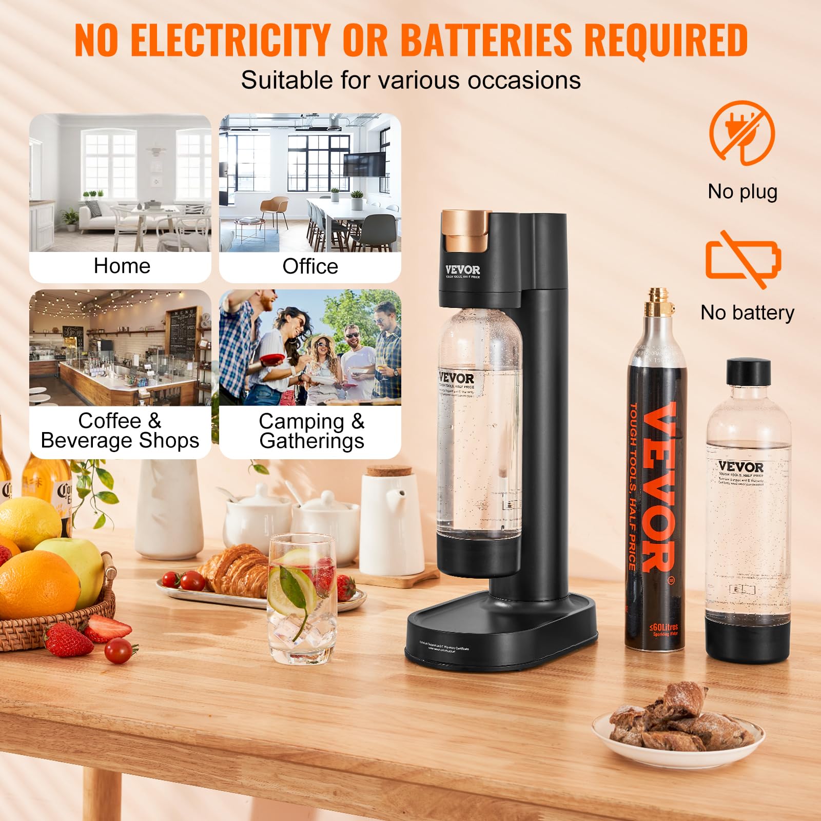 VEVOR Sparkling Water Maker - Home Soda Machine with 2 BPA-Free 1L PET Bottles | CO2 Carbonation System (Cylinder Included, No Gas) | Works with 60L Screw-in CO2 Tanks | Perfect for Homemade Soda, Flavored Water & Cocktails