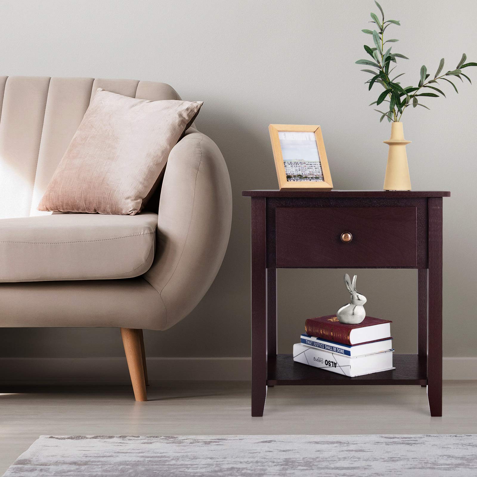 Modern Nightstand with Drawers & Shelf - Solid Pine Wood Bedside Table for Bedroom & Living Room - Espresso Finish