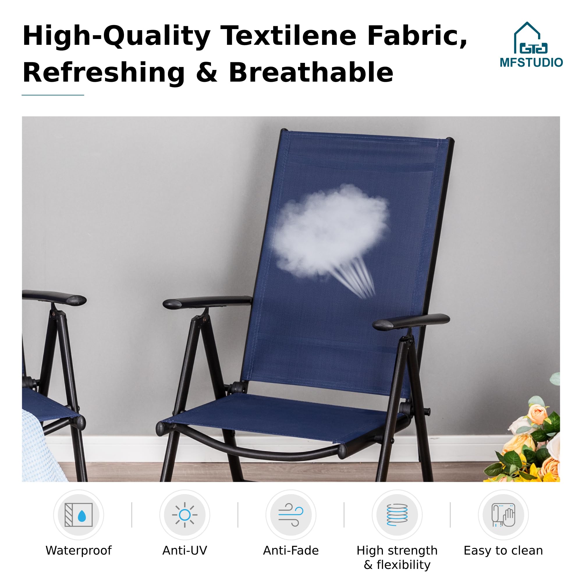 MFSTUDIO 6-Pack Folding Patio Chairs Set - Adjustable Outdoor Dining Chairs with Sling Back, Portable Blue Garden Chairs for Backyard, Lawn, Poolside & Camping (7-Level Height Adjustment) - Perfect for BBQs, Picnics & Outdoor Relaxation