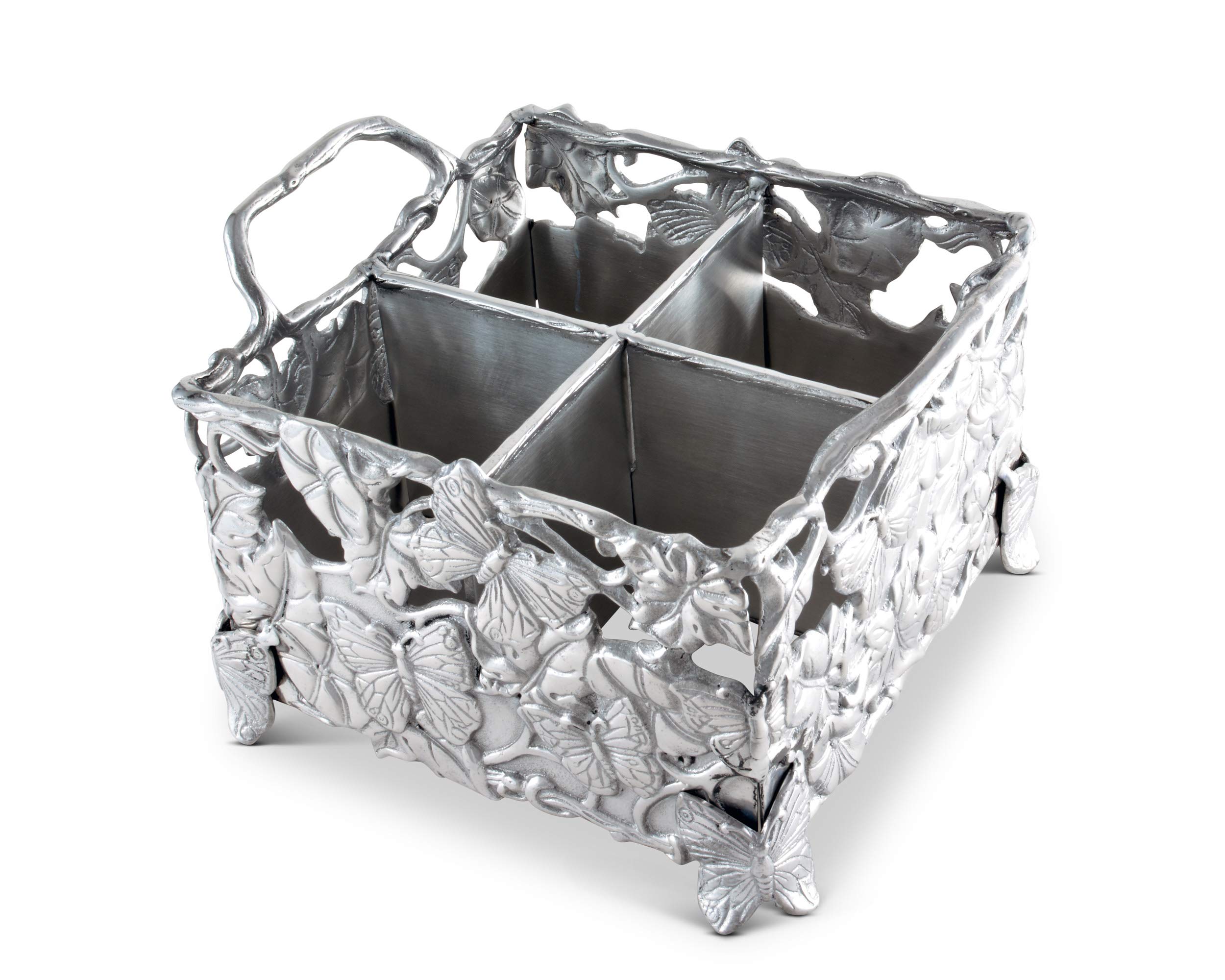 Arthur Court Designs Aluminum Metal Butterfly Silverware Holder - 8 Inch Square, 7 Inch Tall - Perfect for Dining Table, Kitchen Counter, and Party Serving Utensil Organizer