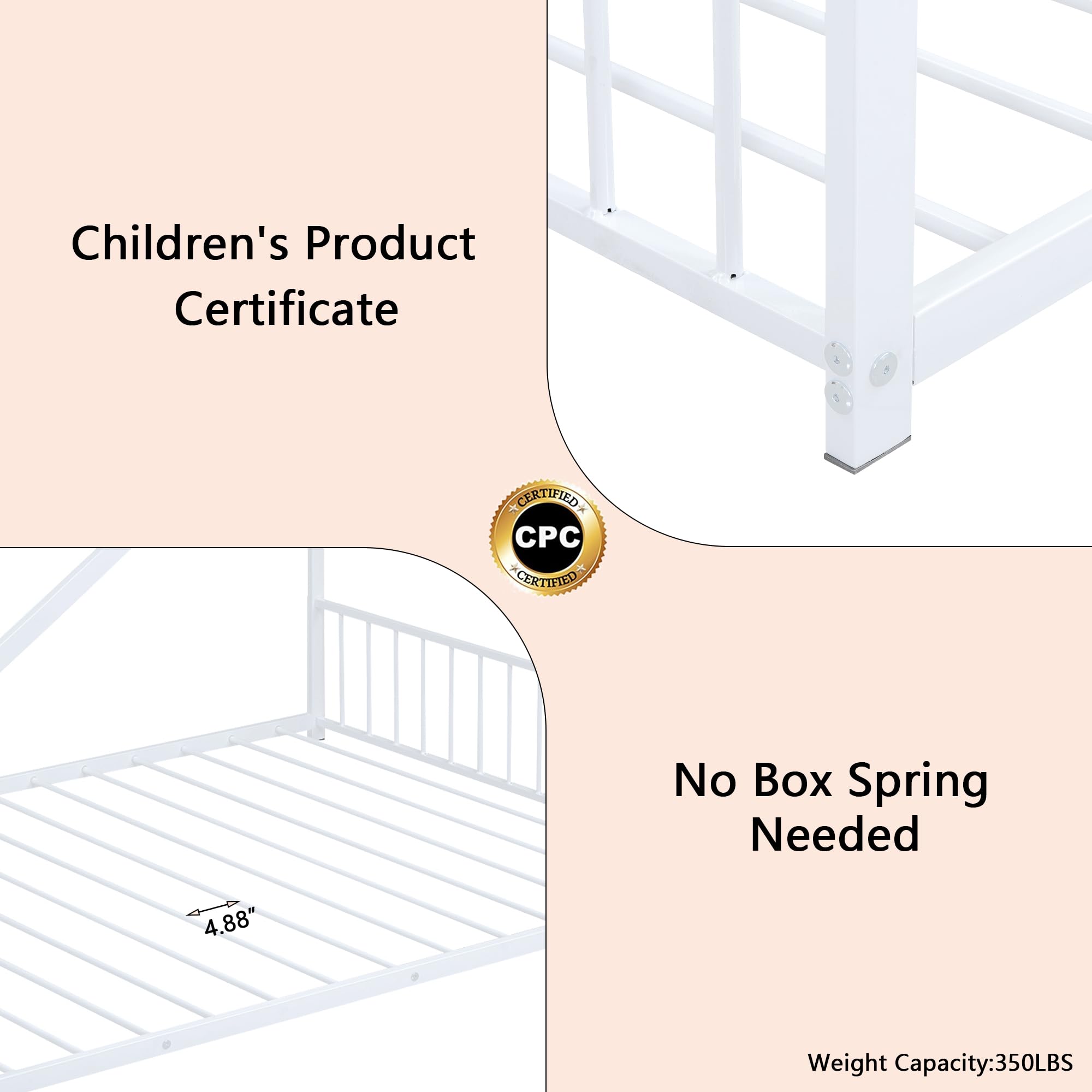 Montessori Metal Floor Bed Frame - Full Size House Bed with Headboard & Slats, Sturdy Kids Bed for Boys & Girls, White - Perfect for Montessori Bedrooms & Child-Friendly Spaces