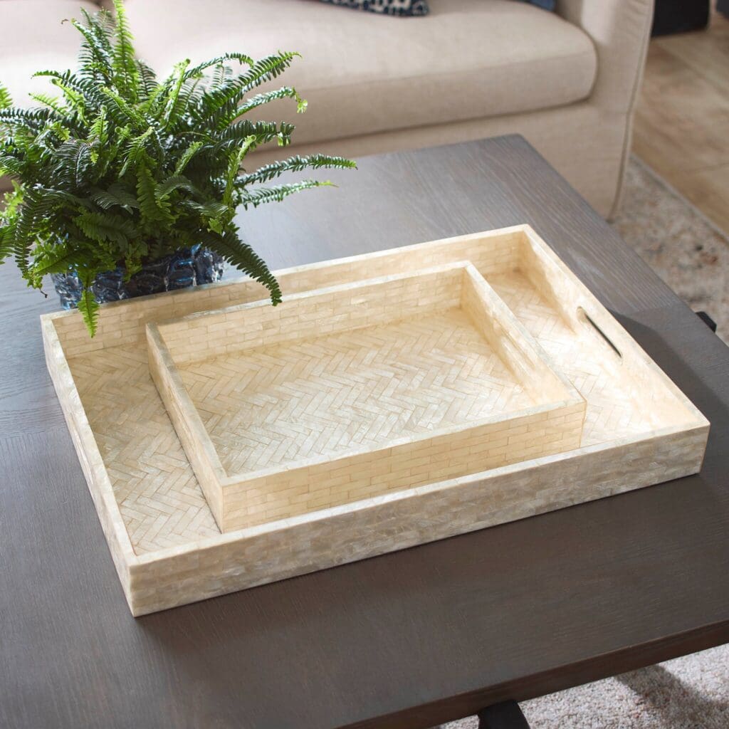 Cyan Design 11679 Triton Rectangle Serving Tray - Pearl White - Large Size - Elegant Home Decor for Dining, Entertaining & Gift Giving