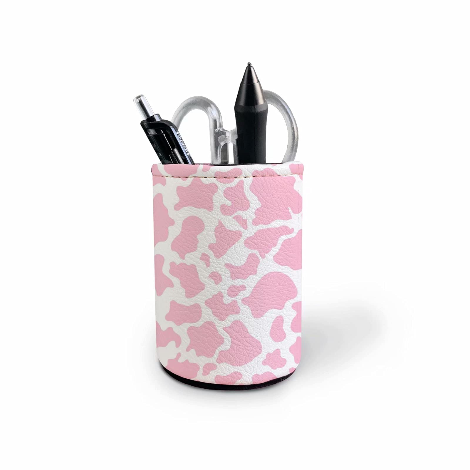 GIFTPUZZ Pink Cow Print PU Leather Desk Organizer - Cute Pencil Holder, Pen Cup & Makeup Brush Storage | Perfect Office & Vanity Accessory for Women | Great Gift for Cow Lovers & Stationery Enthusiasts