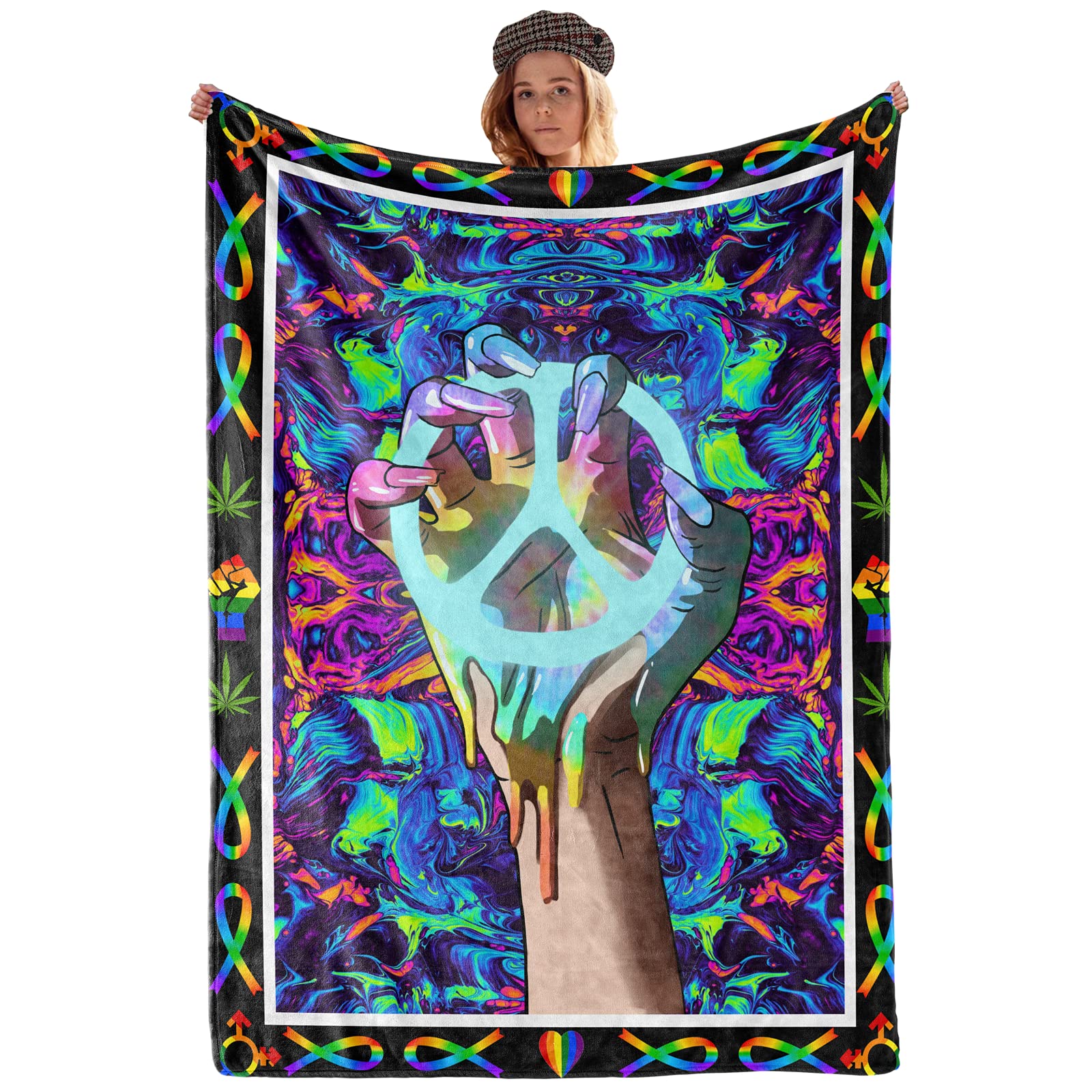 Trippy Peace LGBT Weed Psychedelic Throw Blanket - Soft Plush Fluffy Fleece Blanket for Adults & Kids (60