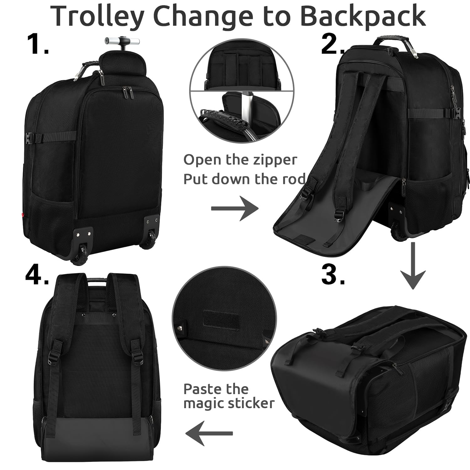 ZOMFELT Rolling Backpack - 18 Inch Wheeled Laptop Backpack with 3 Packing Cubes for Travel, Work & Business | Durable Carry-On Backpack for Men & Women | Perfect for Airplane, Commuting & Office Use (Black)