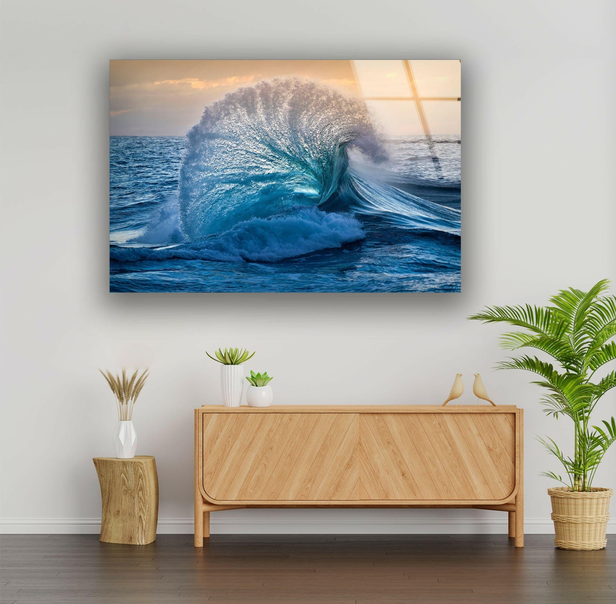 Big Ocean Wave Glass Wall Art - Handmade Coastal Decor for Living Room, Bedroom & Office - Perfect Beach Theme Home Decoration