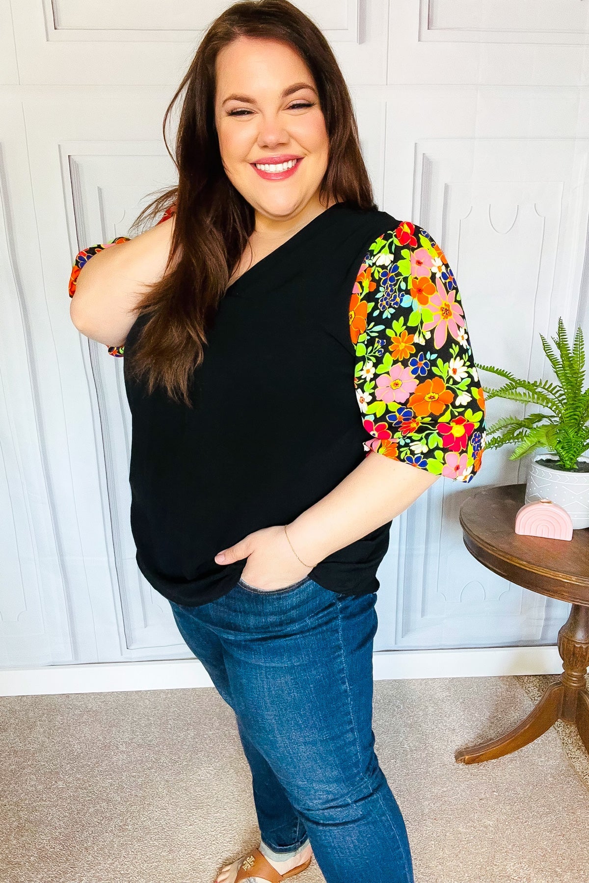 Eyes On You Black Floral Puff Sleeve V Neck Top - Women's Fashion Blouse for Date Night & Special Occasions