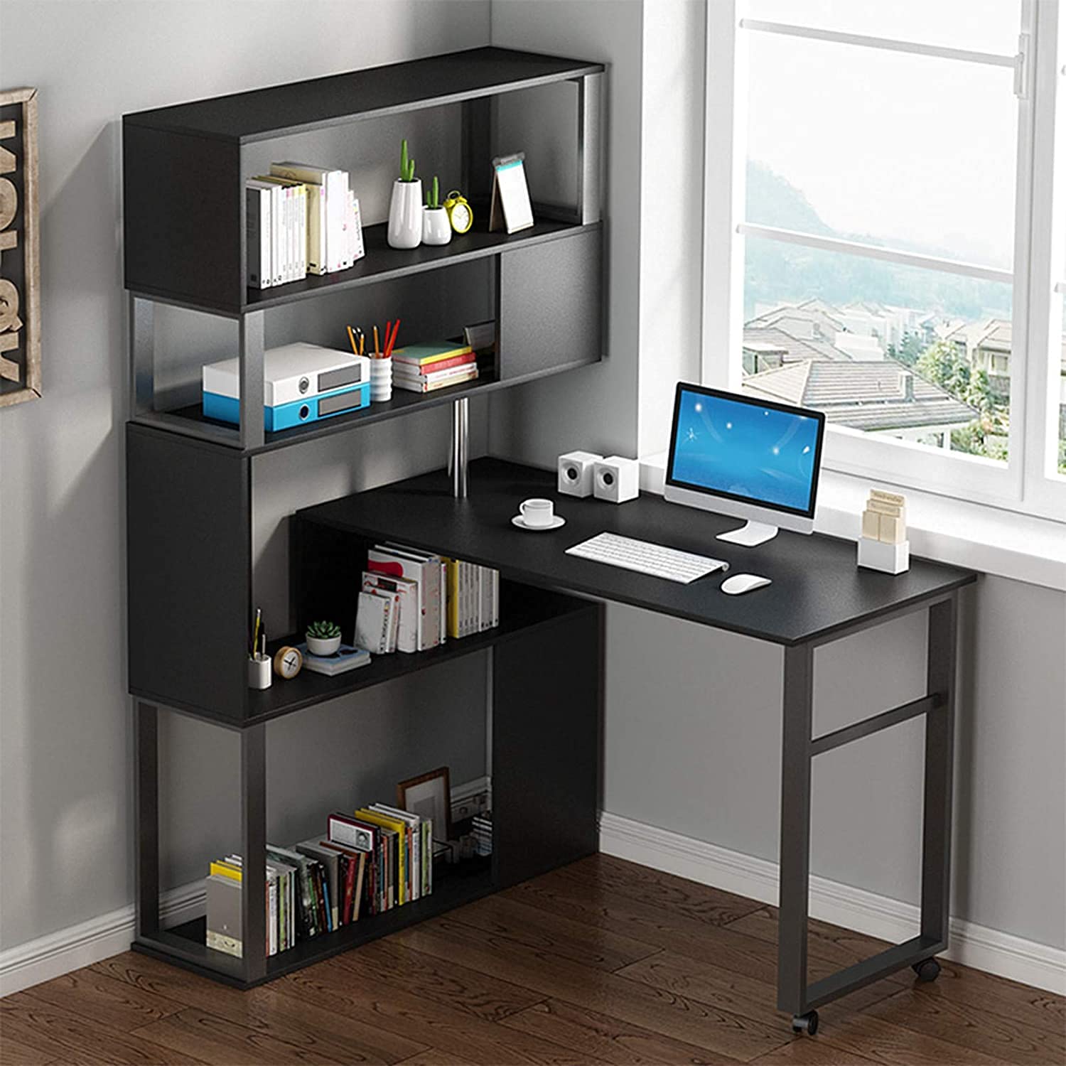 Modern L-Shaped Computer Desk with 4-Tier Shelves & Steel Frame - Home Office Corner Desk for Small Spaces, Black - Perfect for Gaming, Study & Remote Work