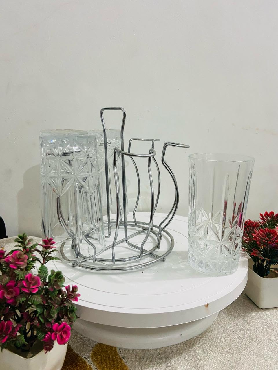 Stainless Steel Lotus Design Glass Holder Rack for 6 Glasses - Kitchen, Dining Table, Home & Office Use - Virgin Glass & Tumbler Stand (Nickel Chrome) | Perfect for Wine Storage, Bar Organization & Party Serving