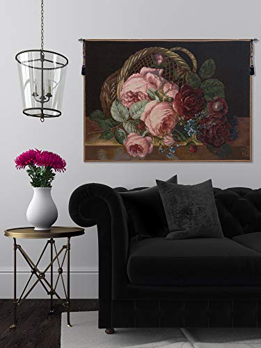 Charlotte Home Furnishings Black French Floral Tapestry Wall Hanging - 28x38 Inch Silk Basket of Flowers Wall Art Decor, Viscose Cotton Polyester Blend for Living Room, Bedroom & Dorm Decoration