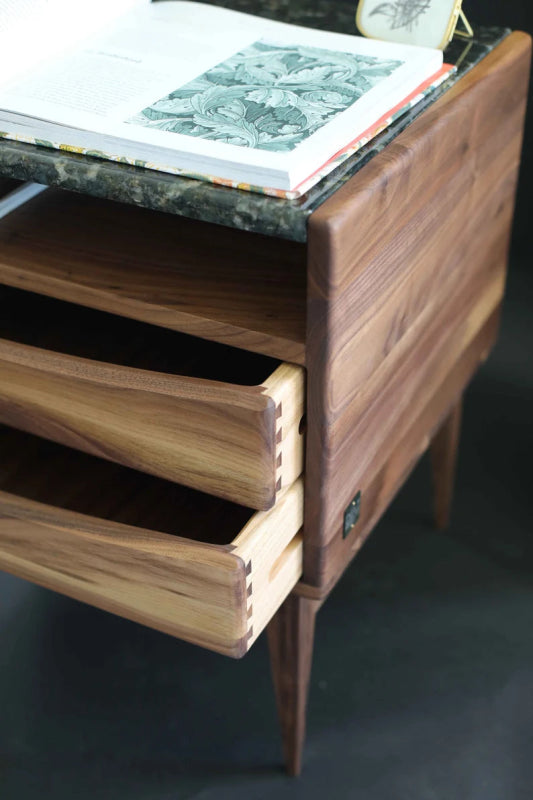 Handmade Solid Wood Nightstand with 2 Drawers & Shelf - Modern Designer Bedside Table for Bedroom, Living Room, or Office Storage