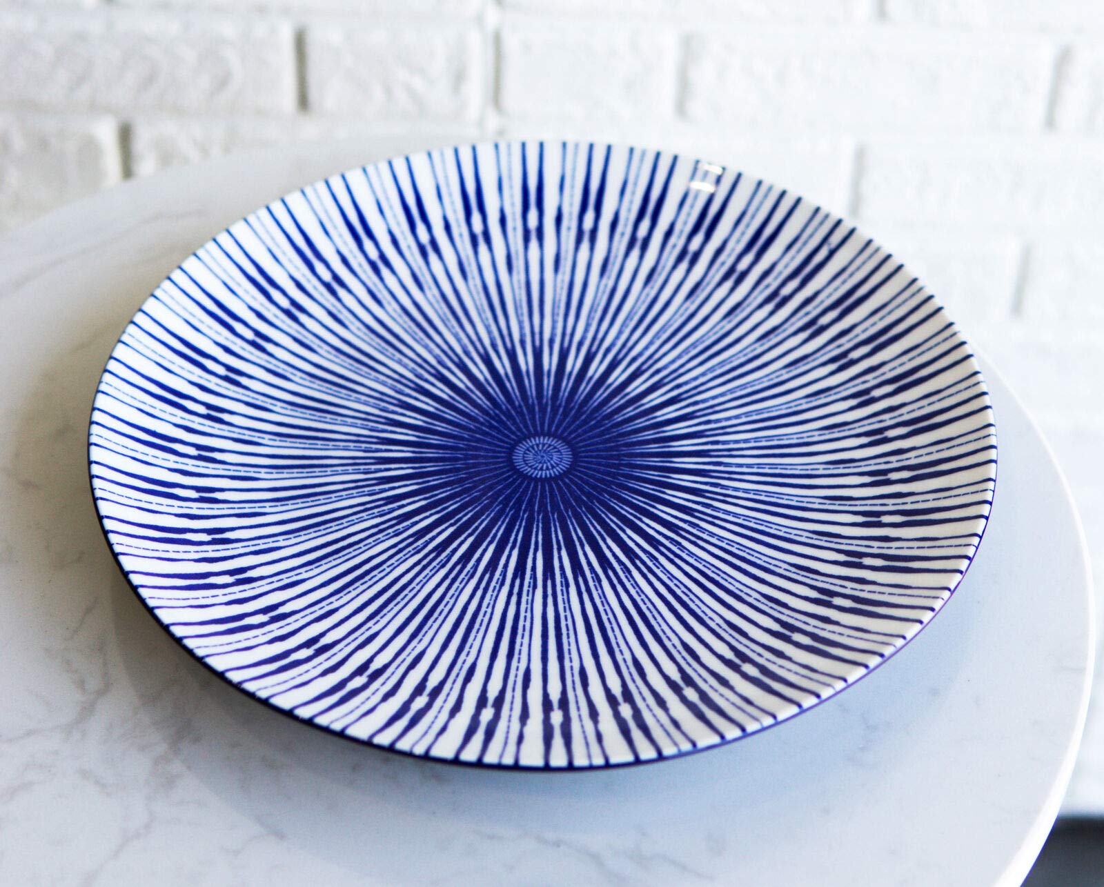 RiFHomDEc 4-Piece White and Blue Geometric Porcelain Dinner Plates Set - Elegant Round Entree Dishes for Fine Dining, Restaurants, and Home Entertaining