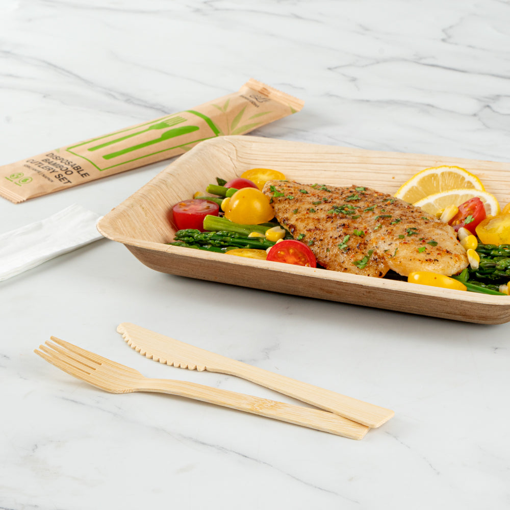 Eco-Friendly Bamboo Disposable Cutlery Set - 100-Piece Fork & Knife Combo with White Napkins & Kraft Paper Pouch | Biodegradable Picnic, Party, Camping & Travel Utensils
