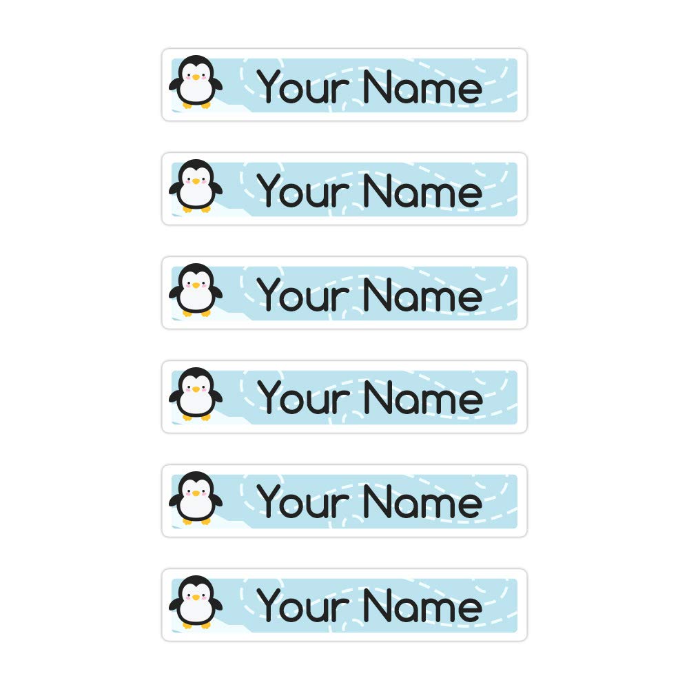 Peel & Stick Waterproof Name Labels - 80 Custom Skinny Labels with Penguin Design for Kids School Supplies & Organization