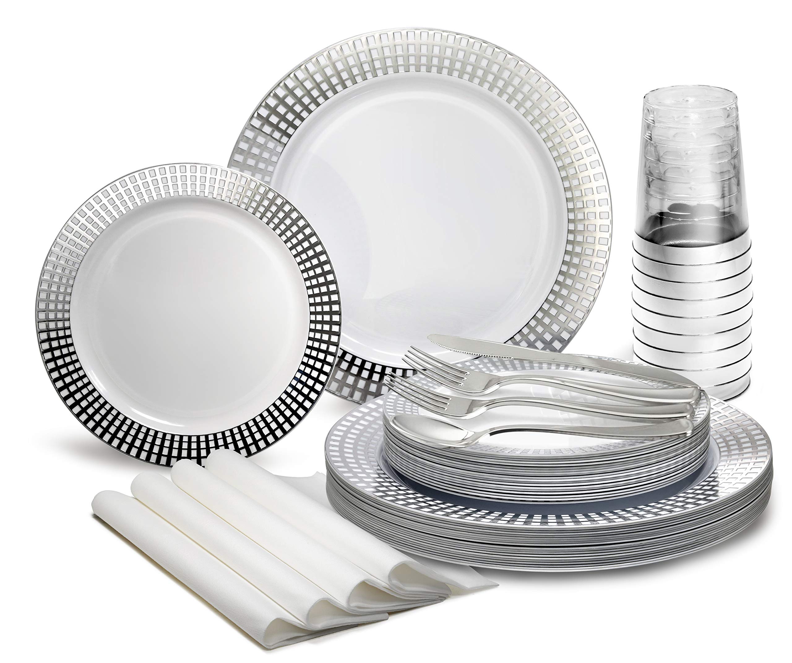640-Piece Disposable Plastic Wedding Party Plate Set - 80 x 10.25'' Dinner Plates, 80 x 7.5'' Dessert Plates, Silverware, Cups & Napkins in Princess White & Silver - Perfect for Weddings, Bridal Showers & Large Gatherings
