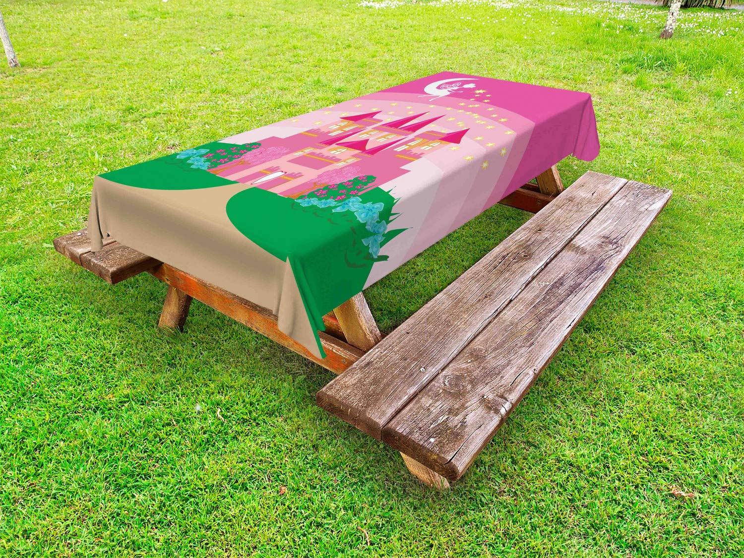 Ambesonne Magic Outdoor Tablecloth - Fantasy Tale Pixie in Sky Fictional Dream Kingdom Design, Waterproof Washable Picnic Table Cover 58x120 Inches, Green and Pink - Perfect for Garden Parties, BBQs, and Outdoor Dining Decorations