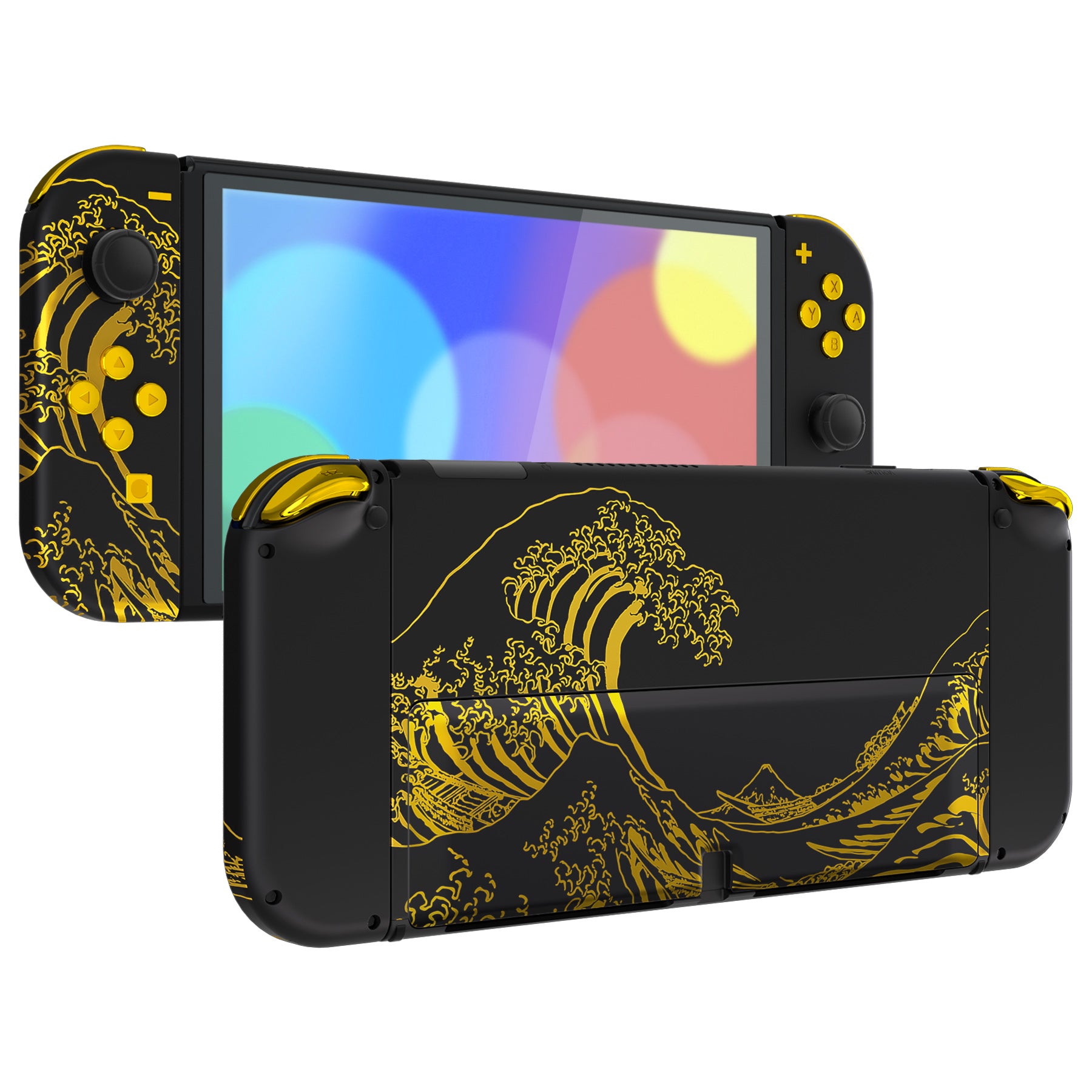 eXtremeRate Custom Replacement Full Set Shell with Buttons for Nintendo Switch OLED - The Great GOLDEN Wave Off Kanagawa Black Design | Gaming Accessories for Enhanced Console Protection & Style | Perfect for Travel, Home Entertainment & Gaming Enthusiasts