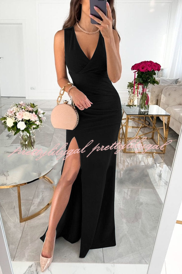 Height of Fame V-Neck Ruched Slit Maxi Dress - Elegant Evening Gown for Women, Party & Special Occasions