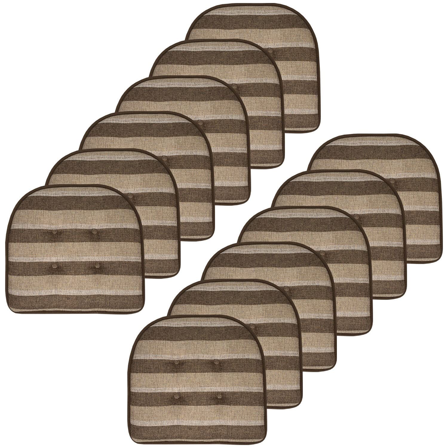12-Pack Bradford Striped U-Shaped Memory Foam Chair Cushions - Chocolate & Beige - Comfortable Seat Pads for Office Chairs, Gaming Chairs, and Dining Chairs